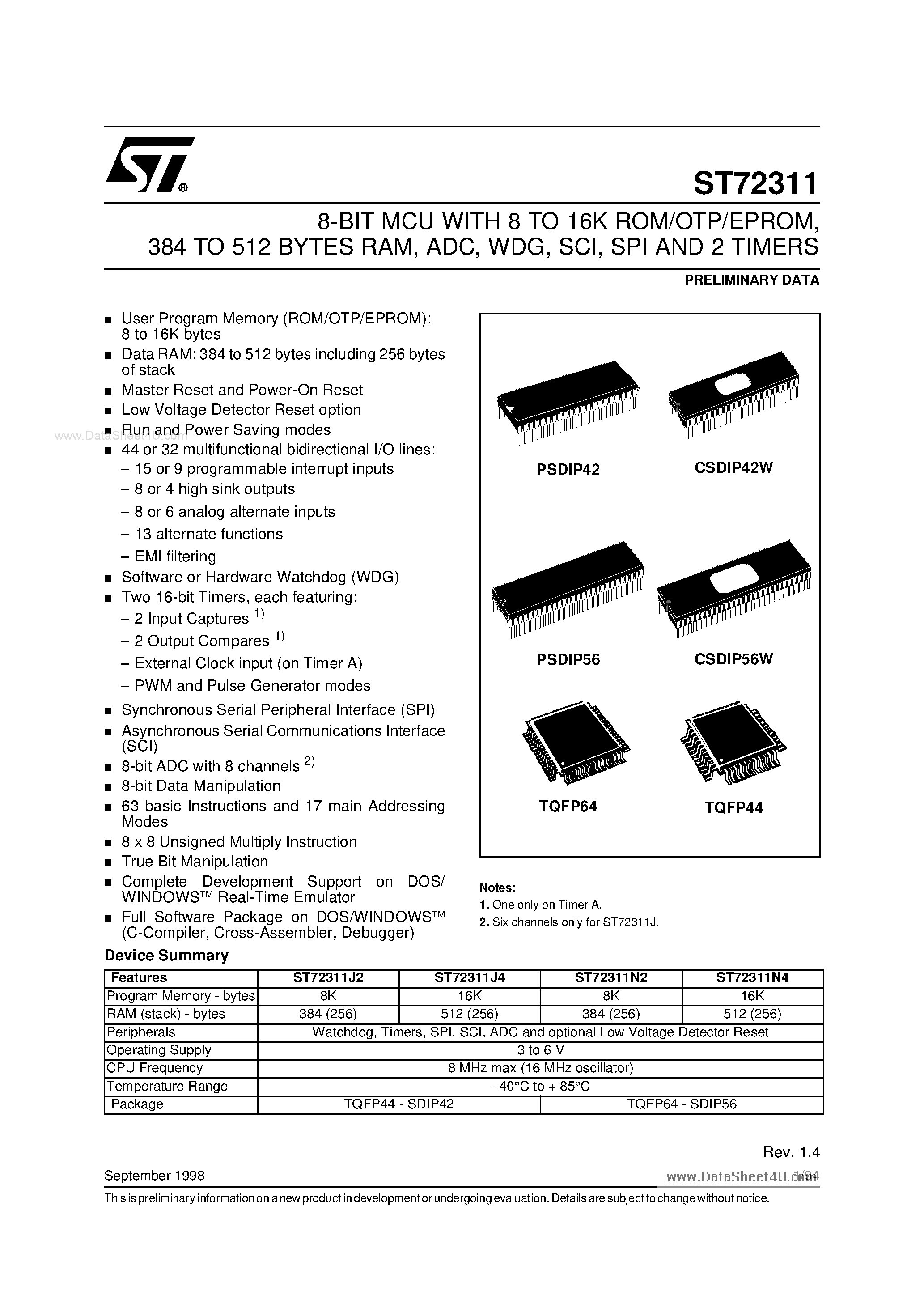 Даташит ST72311 - 8-BIT MCU страница 1