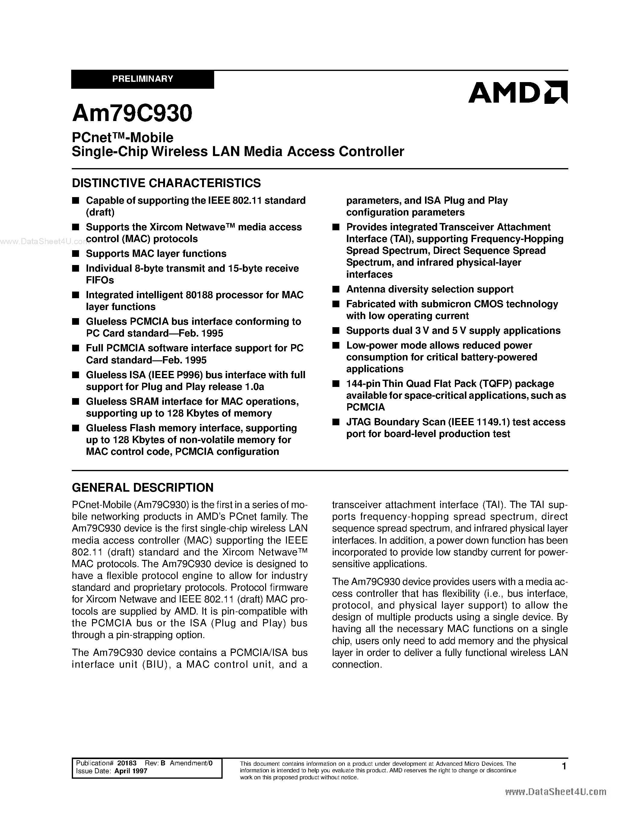 Datasheet AM79C930 - PCnet-Mobile Single-Chip Wireless LAN Media Access Controller page 1