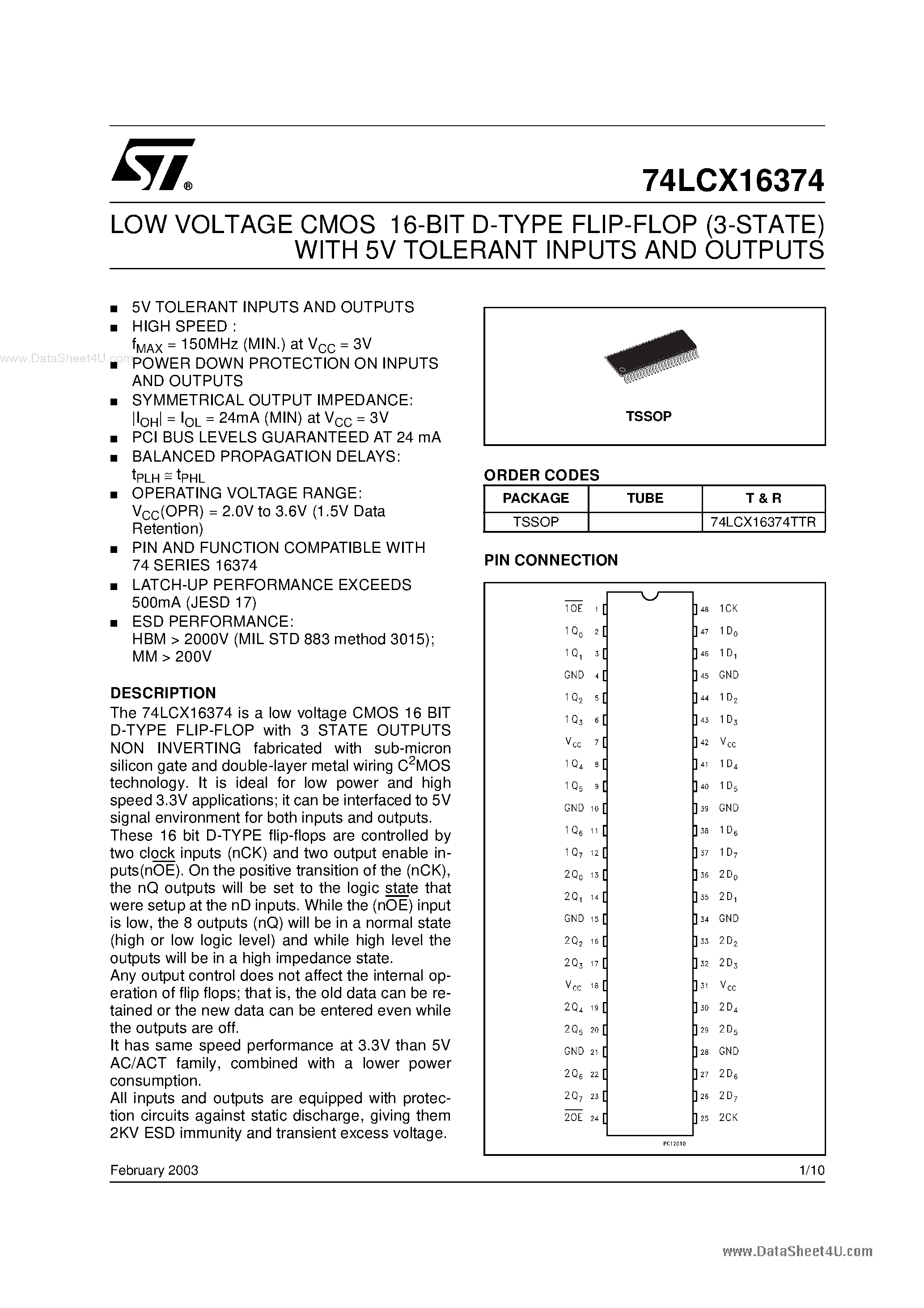 Даташит 74LCX16374 - LOW VOLTAGE CMOS 16-BIT D-TYPE FLIP-FLOP страница 1