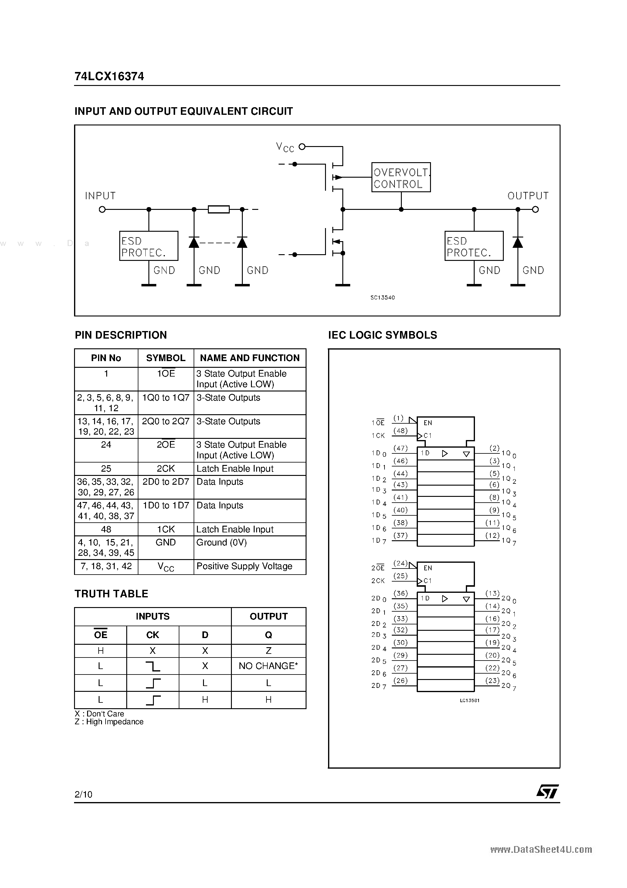 Даташит 74LCX16374 - LOW VOLTAGE CMOS 16-BIT D-TYPE FLIP-FLOP страница 2