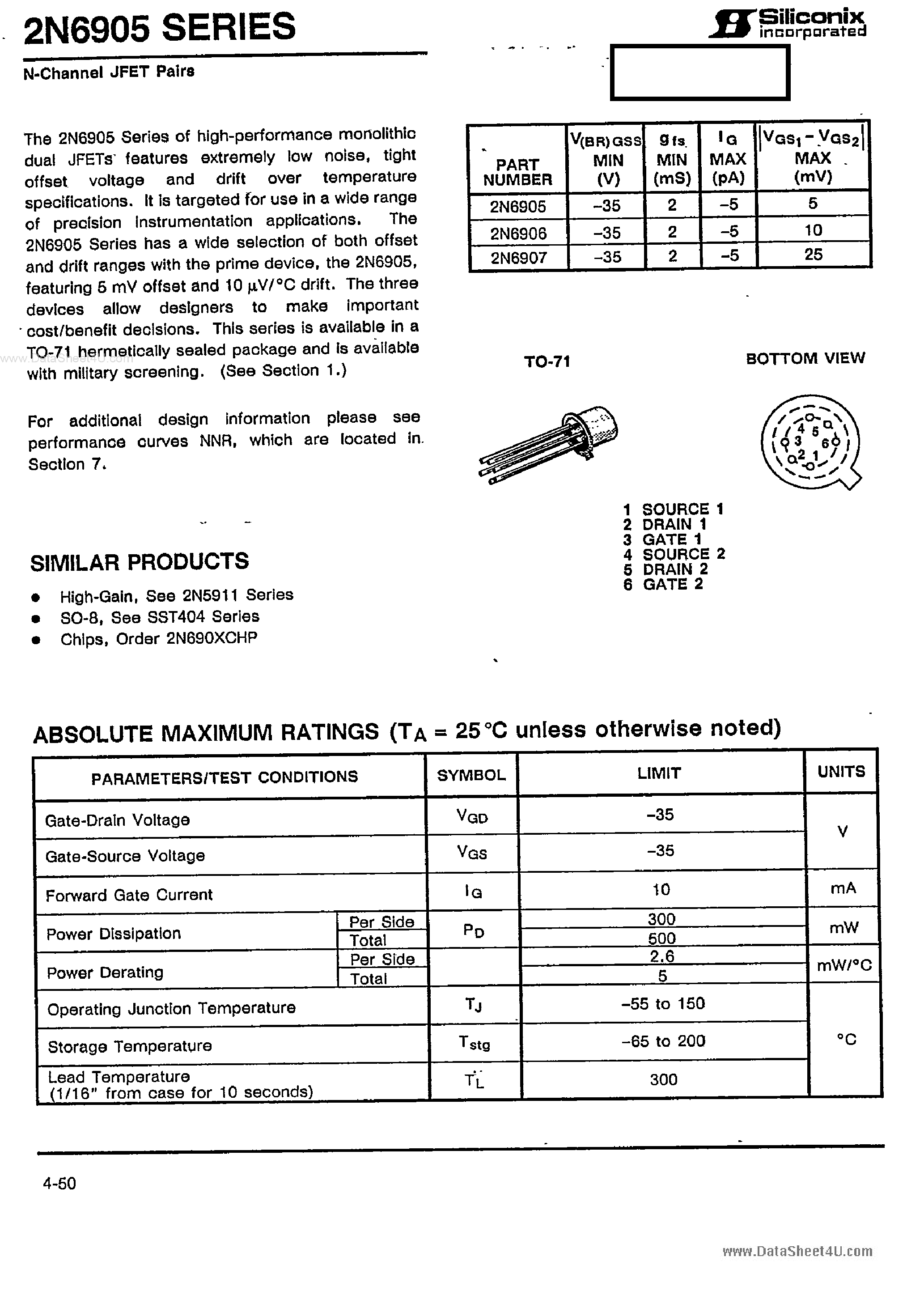 Даташит 2N6905 - (2N6905 - 2N6907) N-Channel JFET Pairs страница 1