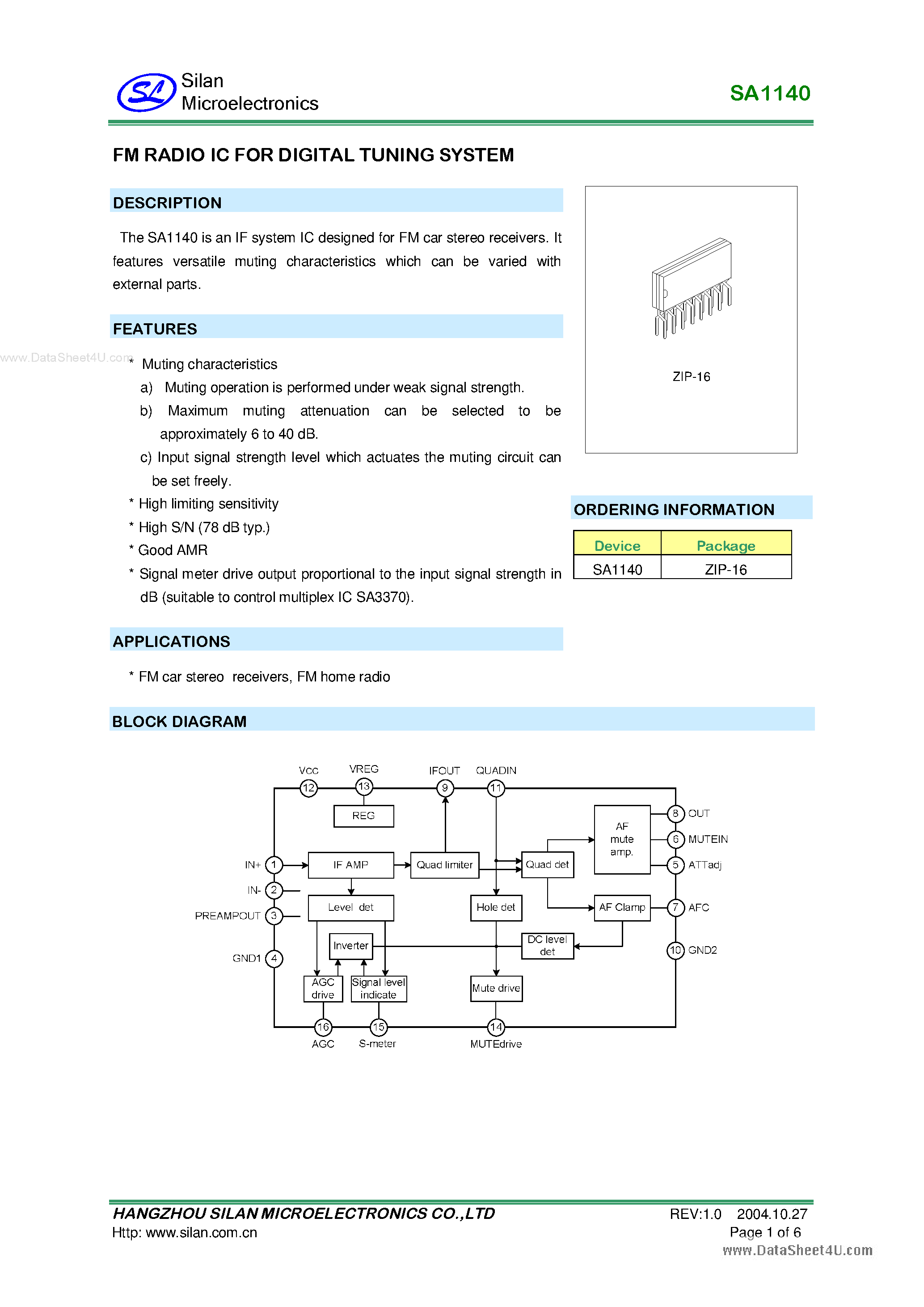 Datasheet SA1140 - FM Radio IC page 1