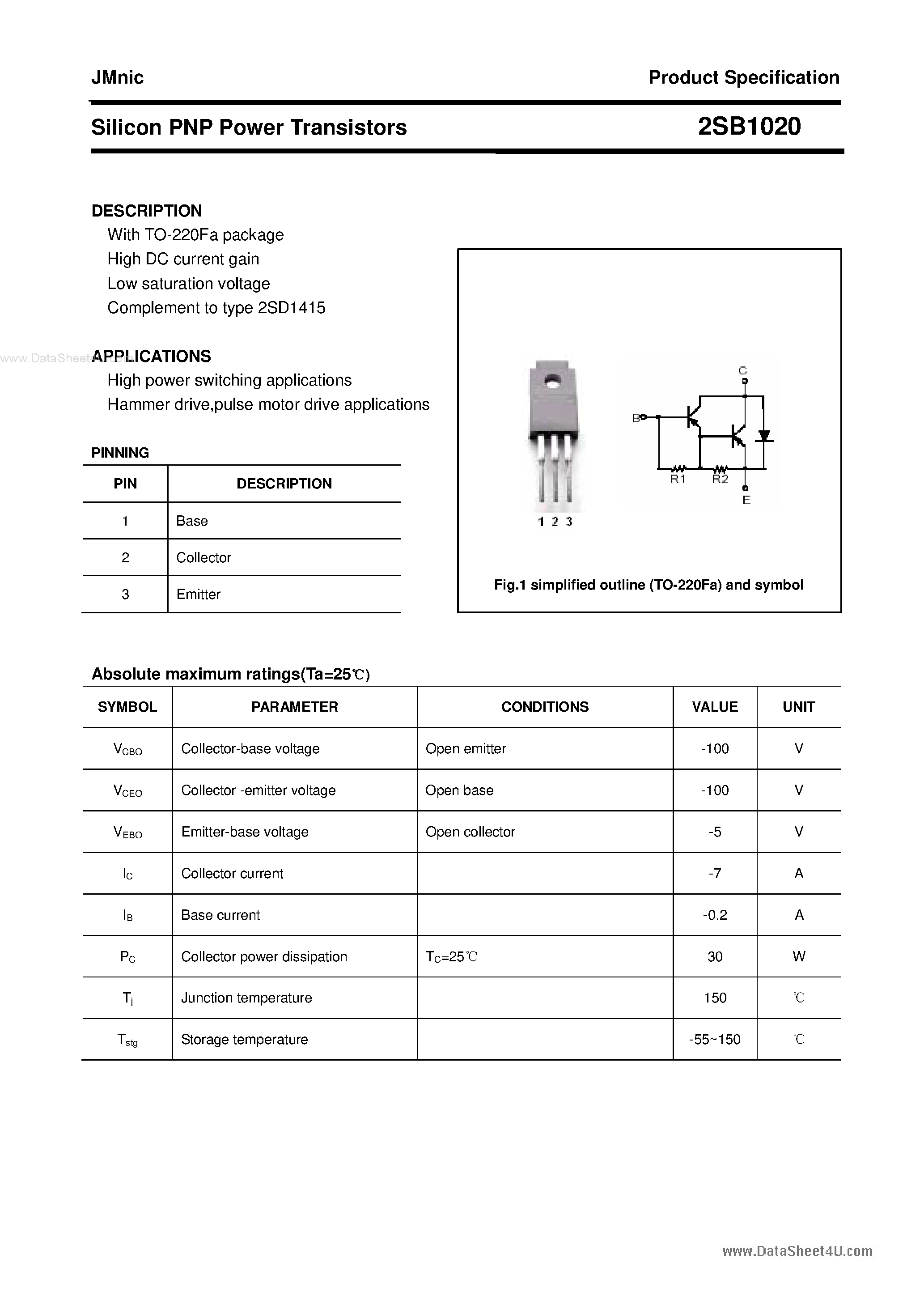 Даташит 2SB1020 - Silicon PNP Power Transistora страница 1