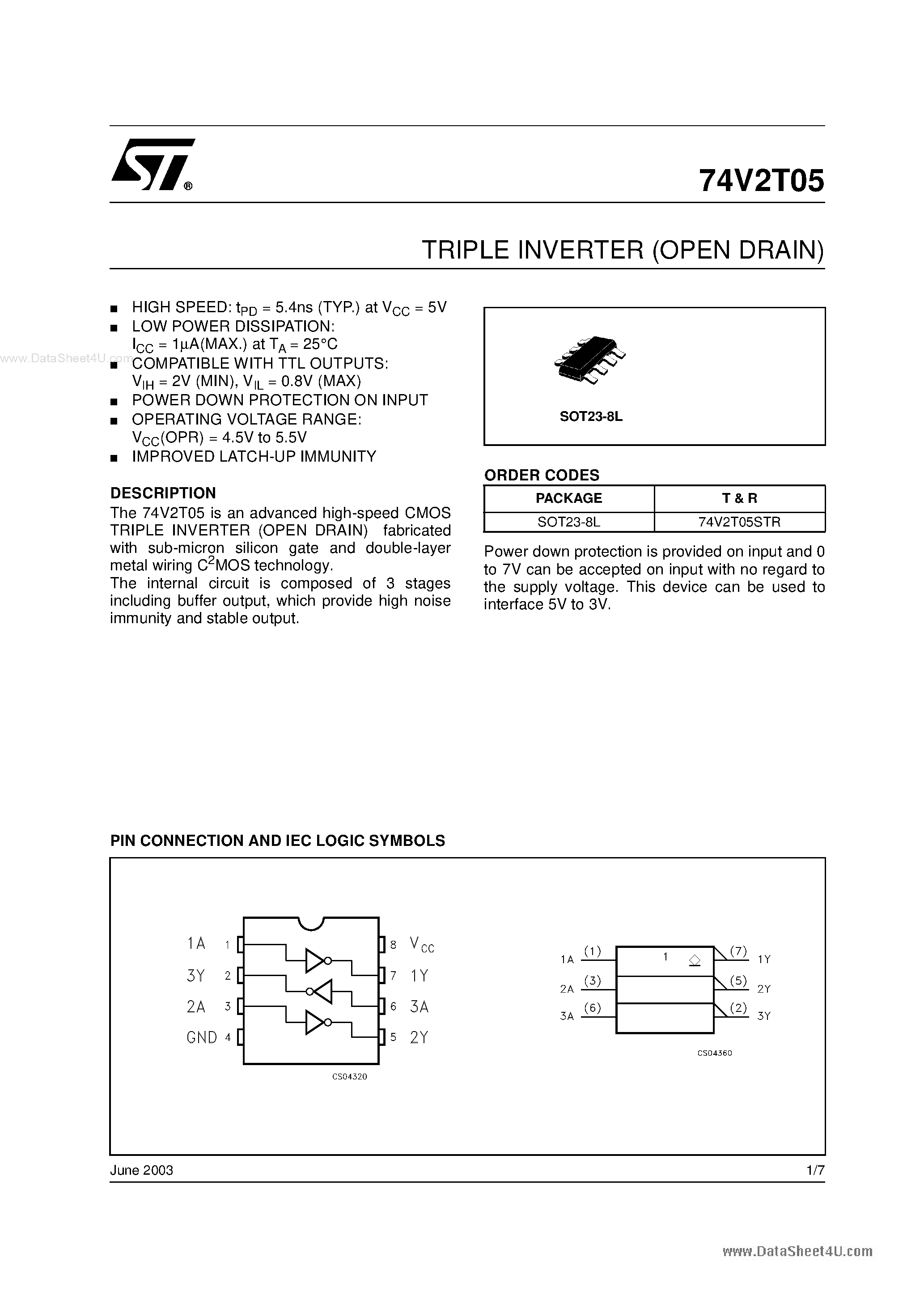 Datasheet 74V2T05 - TRIPLE INVERTER page 1