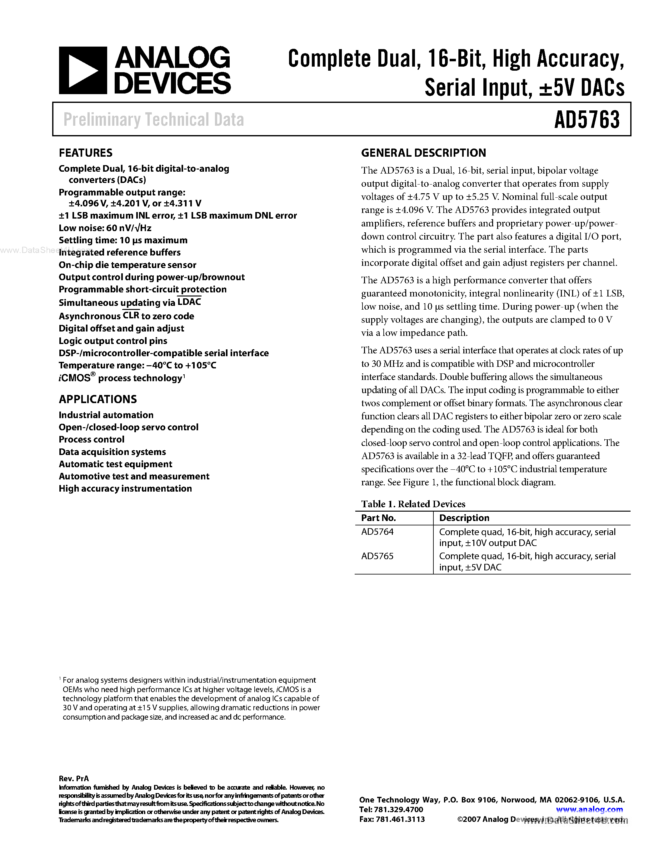 Datasheet AD5763 - Complete Dual / 16-Bit / High Accuracy page 1