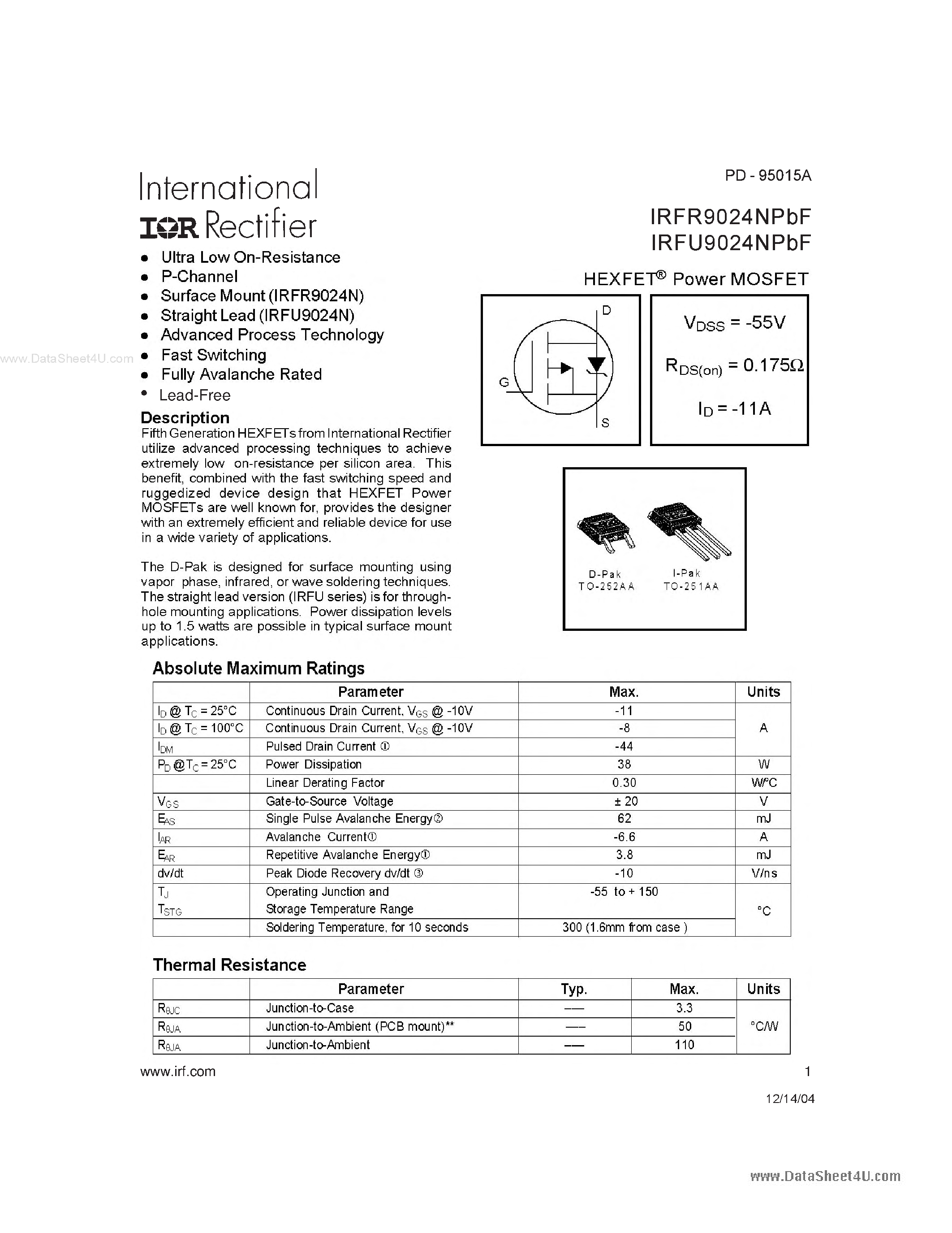 Даташит IRFR9024NPBF - HEXFET POWER MOSFET страница 1