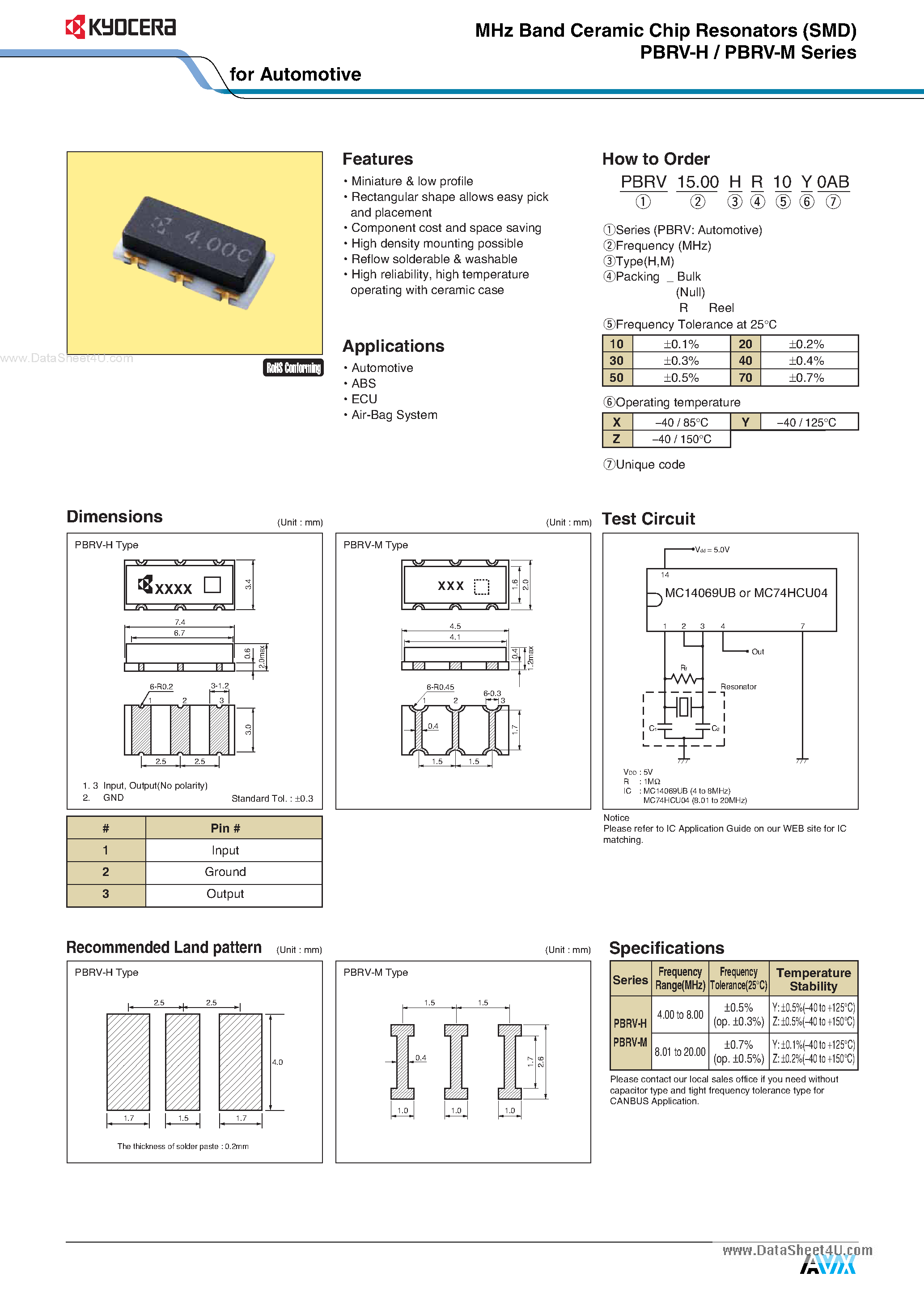 Даташит PBRV-H - MHz Band Ceramic Chip Resonators страница 1