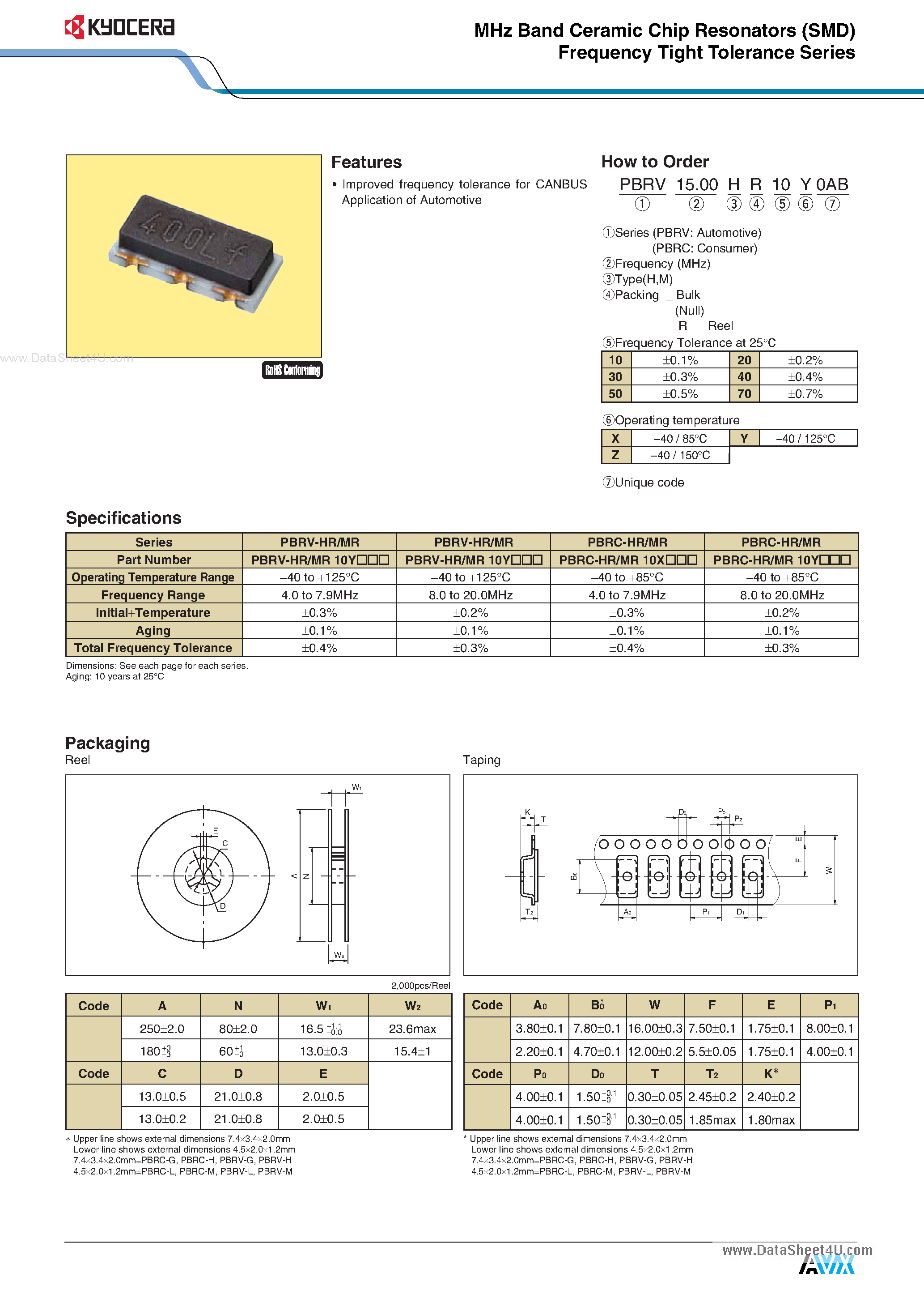 Даташит PBRV-H - MHz Band Ceramic Chip Resonators страница 2