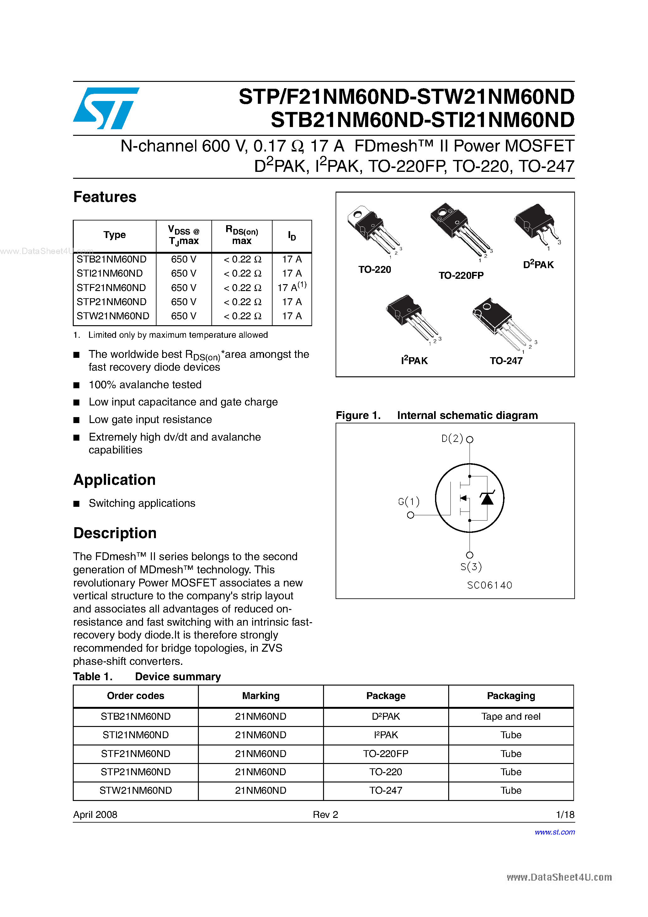 Даташит STP21NM60ND - N-channel MOSFET страница 1