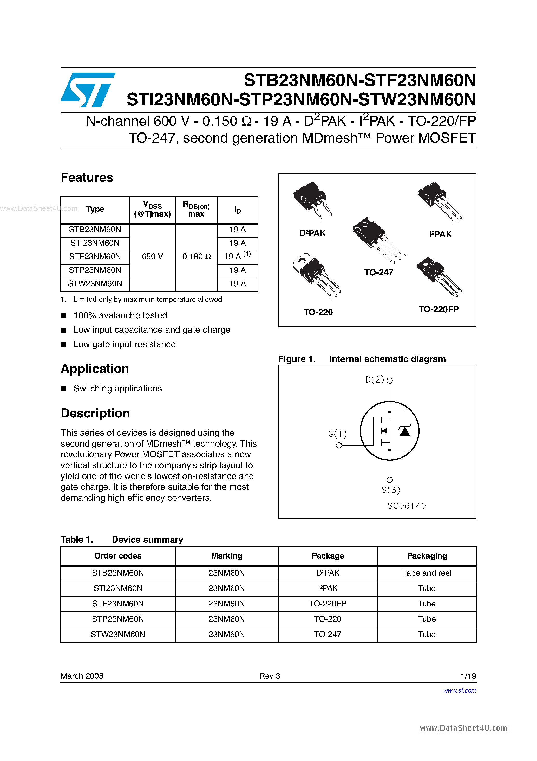 Даташит STP23NM60N - N-channel Power MOSFET страница 1