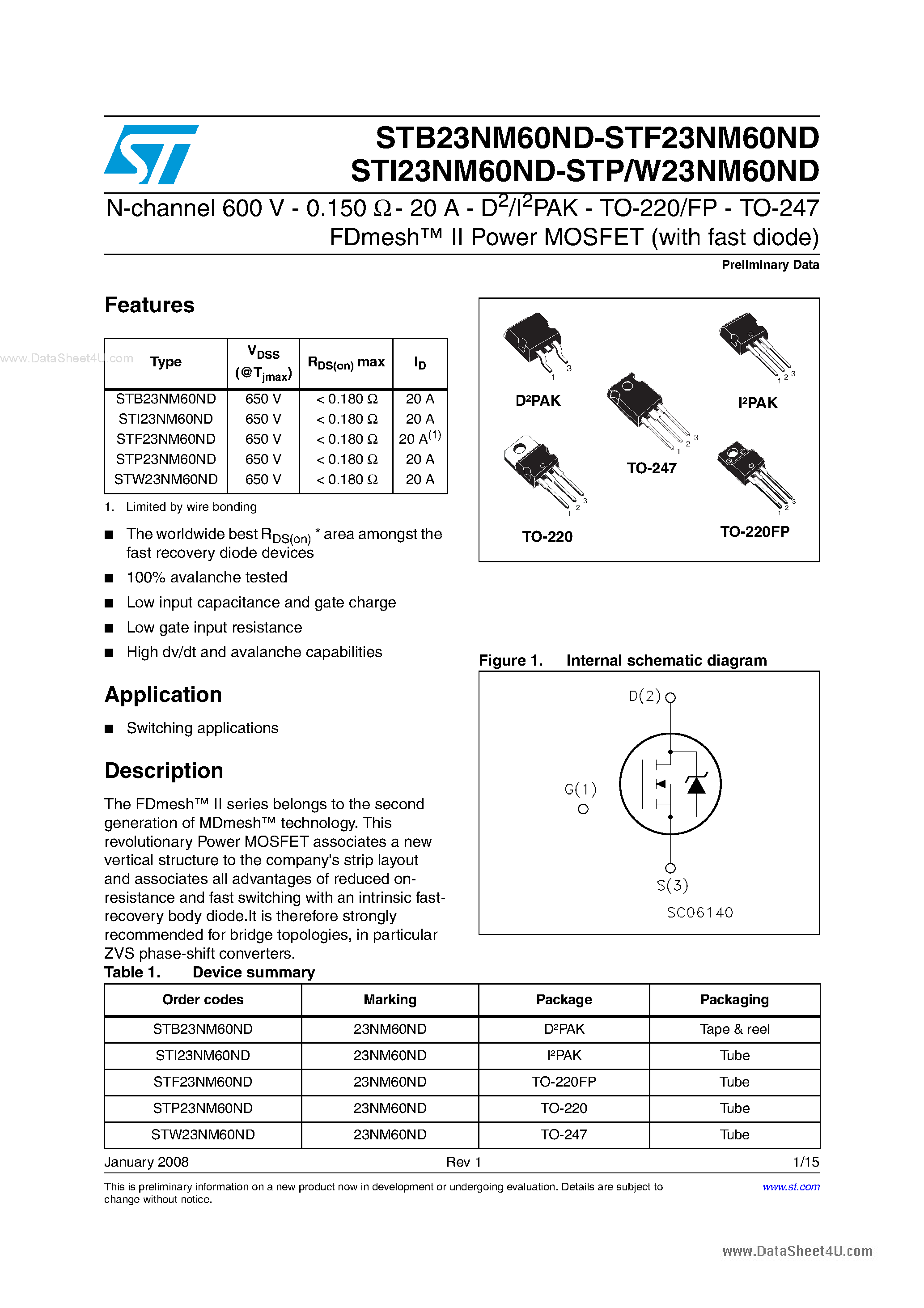 Даташит STP23NM60ND - N-channel Power MOSFET страница 1