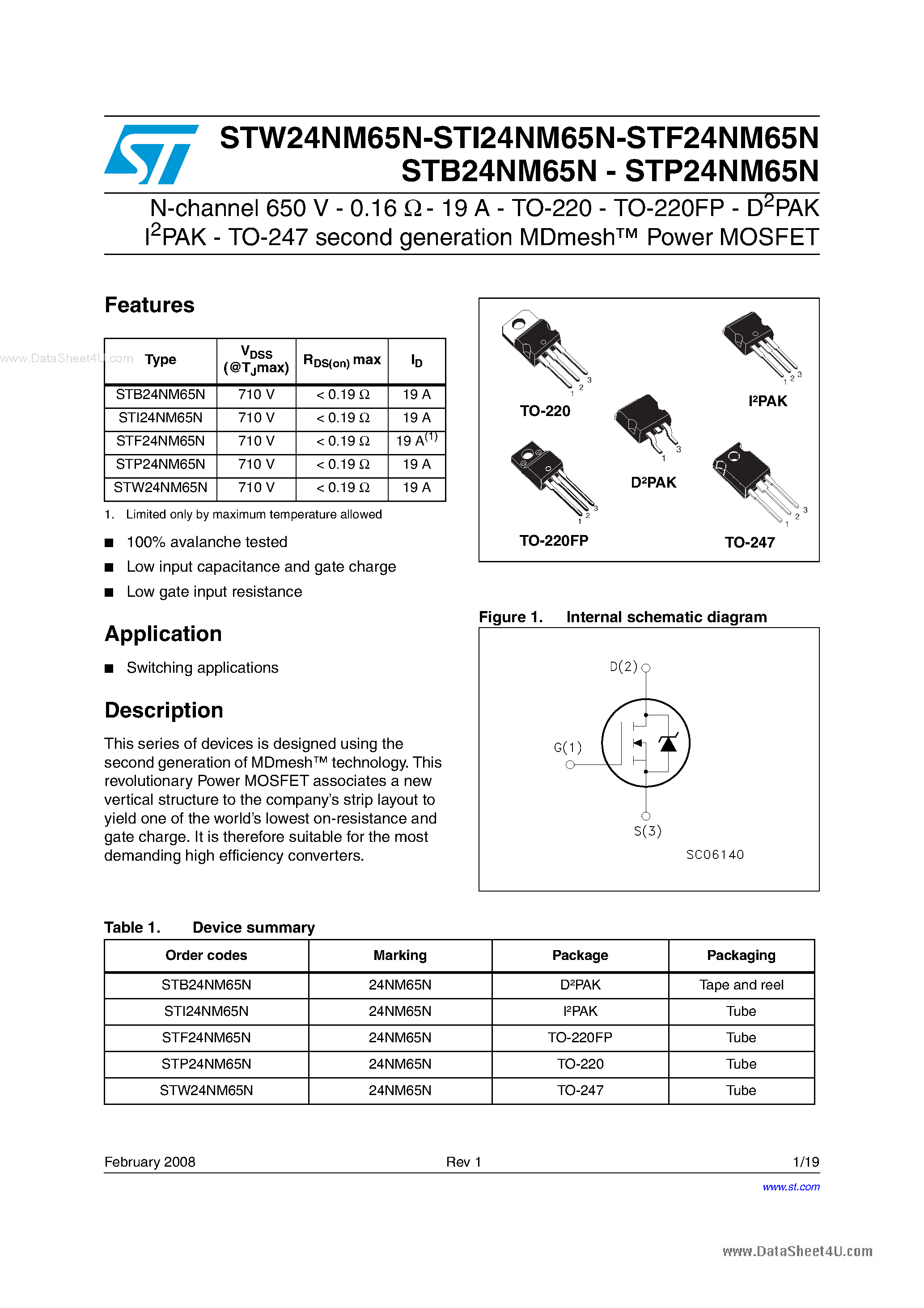 Даташит STP24NM65N - N-channel Power MOSFET страница 1