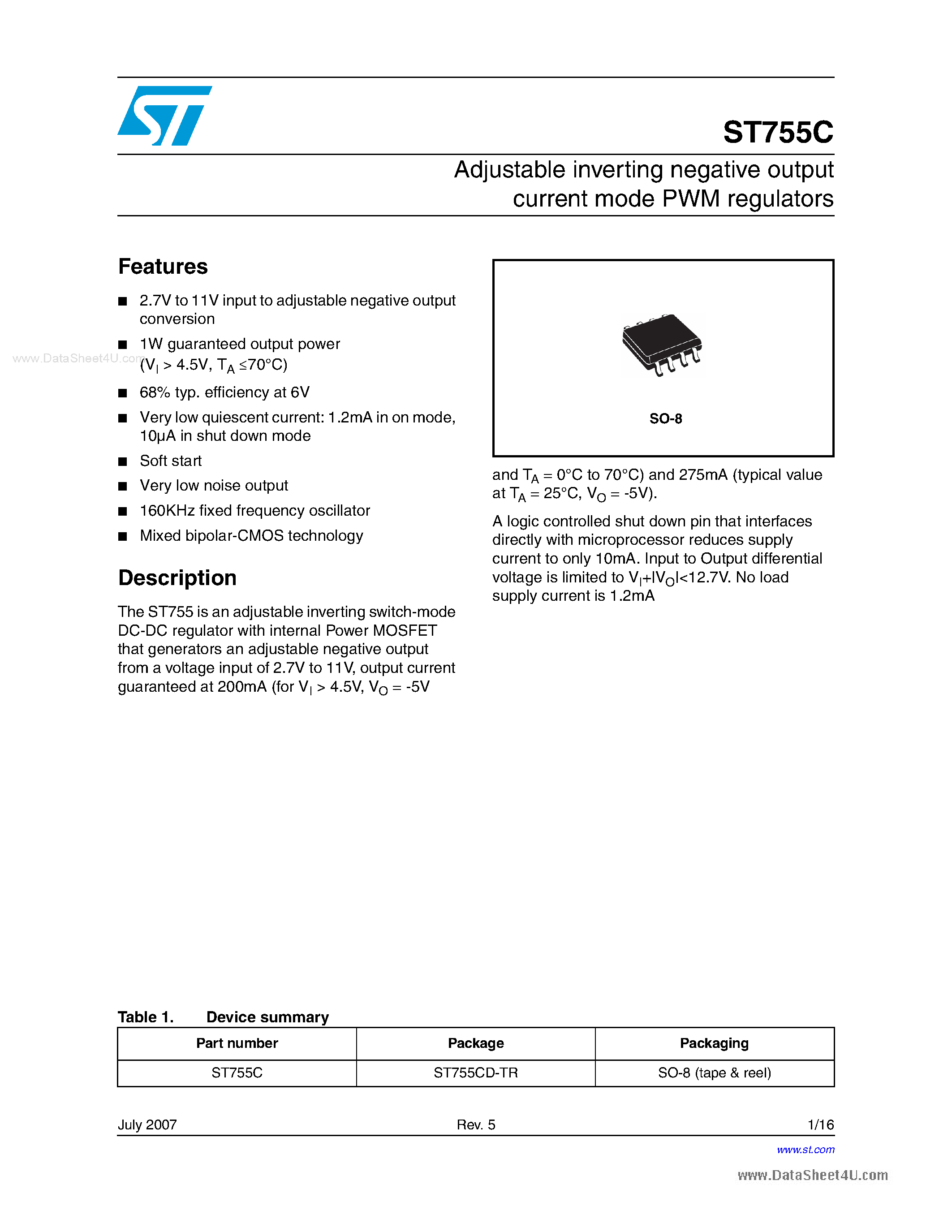 Даташит ST755C - Adjustable inverting negative output current mode PWM regulators страница 1