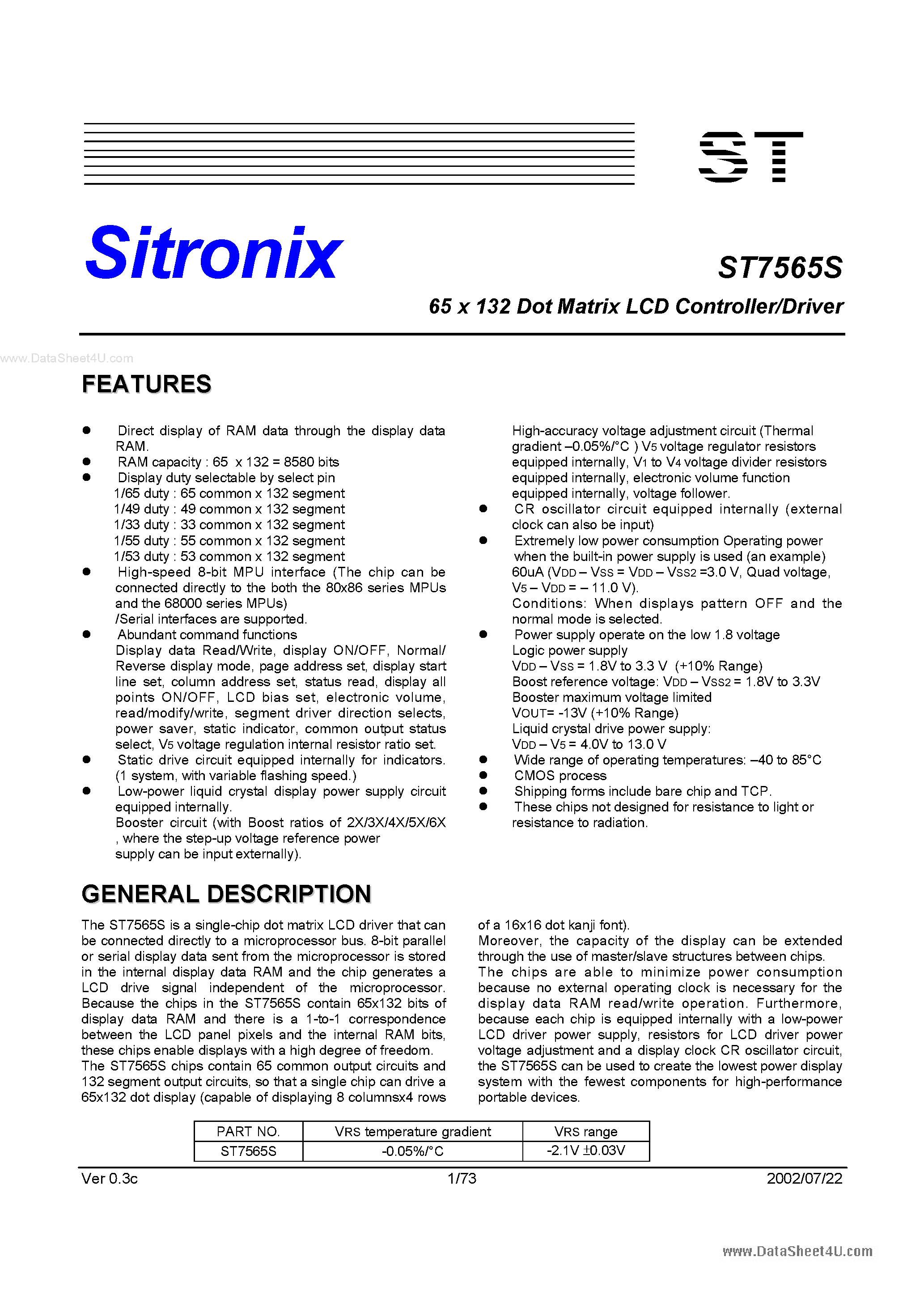 Даташит ST7565S - 65 x 132 Dot Matrix LCD Controller/Driver страница 1