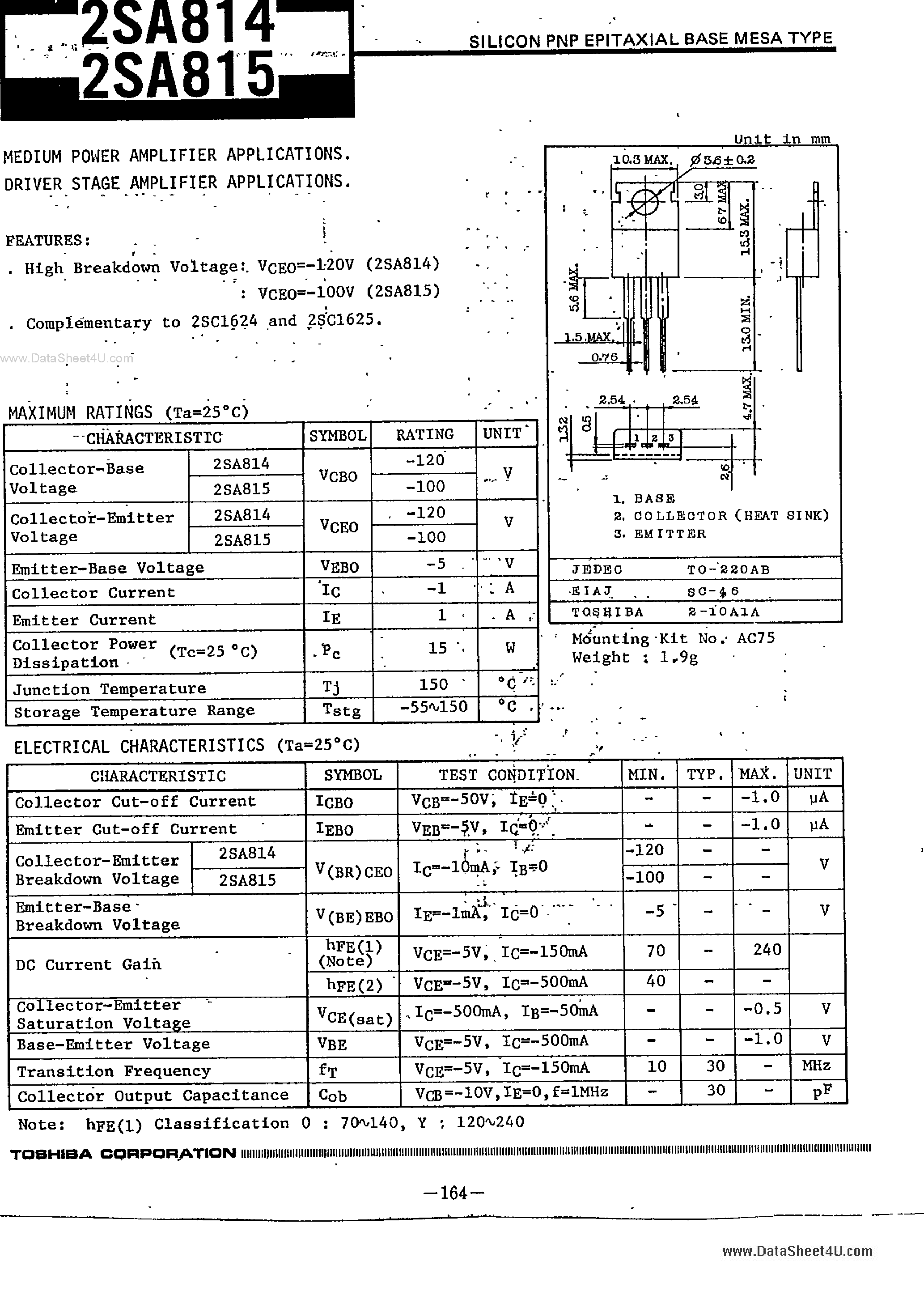 Datasheet 2SA814 - (2SA814 / 2SA815) SILICON PNP EPITAXIAL BASE MESA TYPE page 1