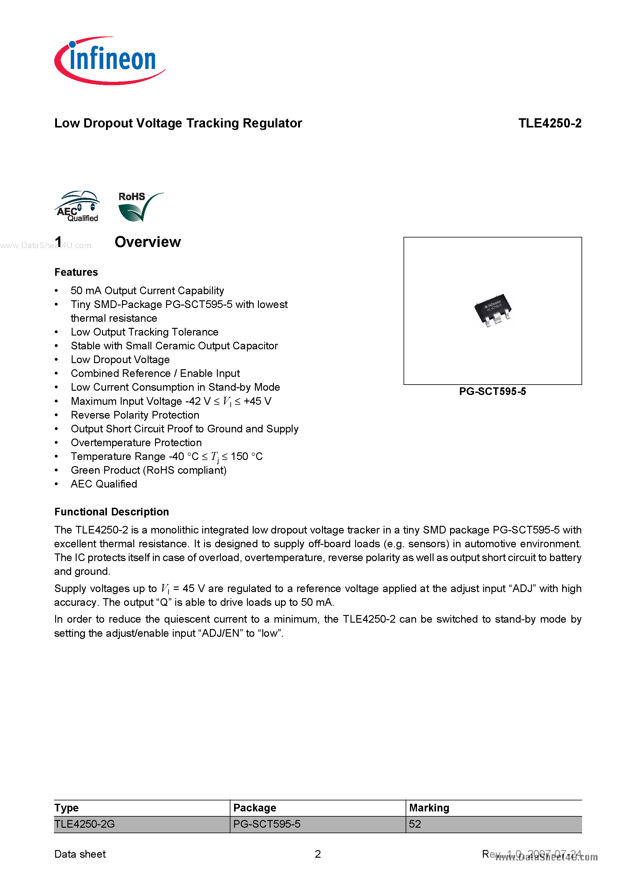 Datasheet TLE4250-2 page 2 Datasheet TLE4250-2 - Low-Drop Voltage Tracking Regulator page 2