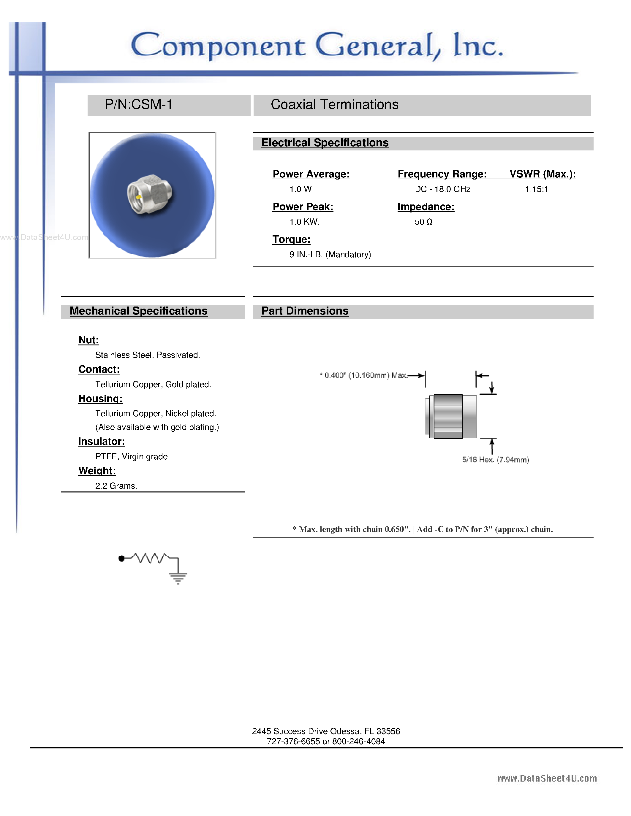 Даташит CSM-02SM - (CSM-xx) Coaxial SMA Male Terminations страница 2