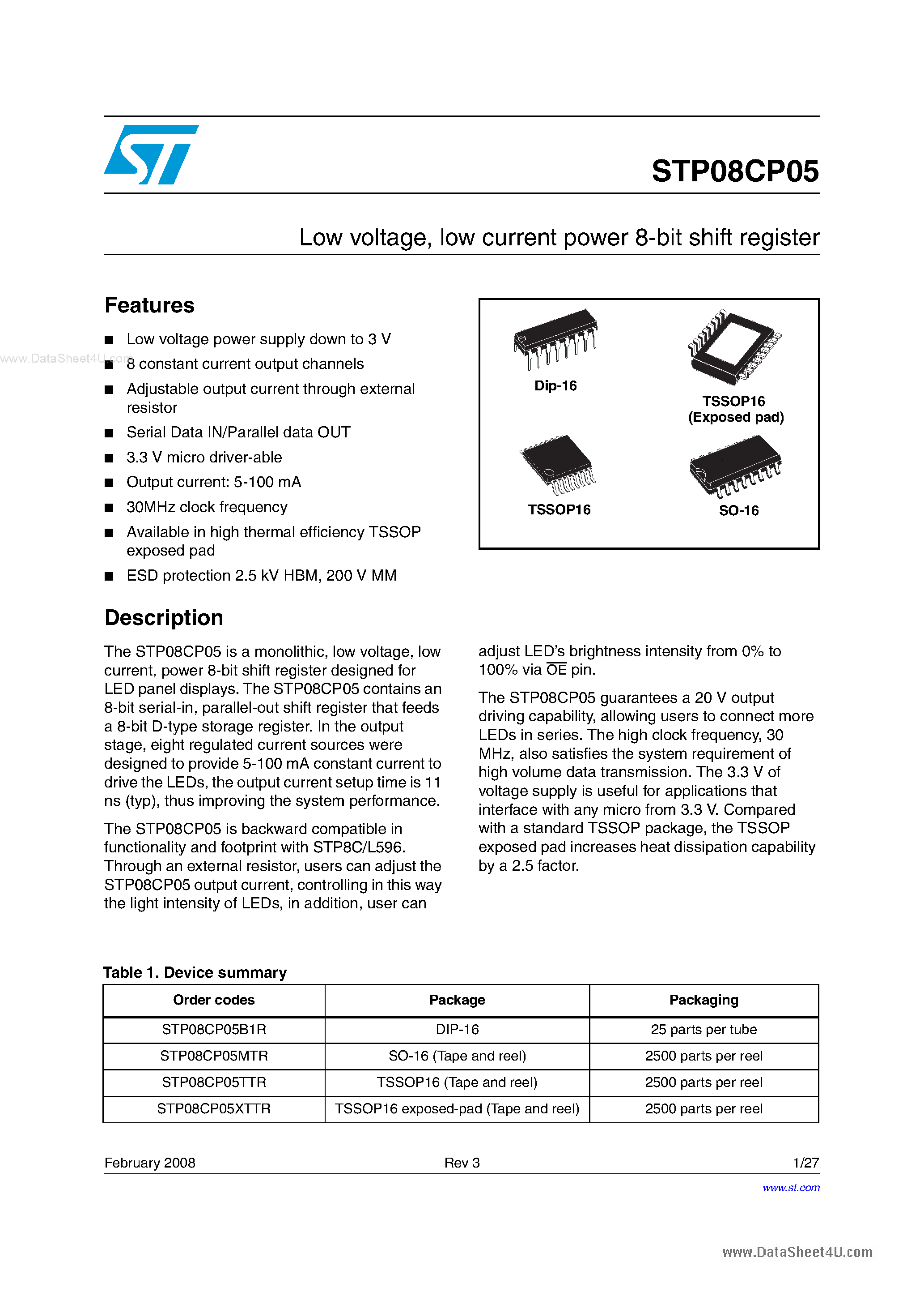 Datasheet STP08CP05 - low current power 8-bit shift register page 1