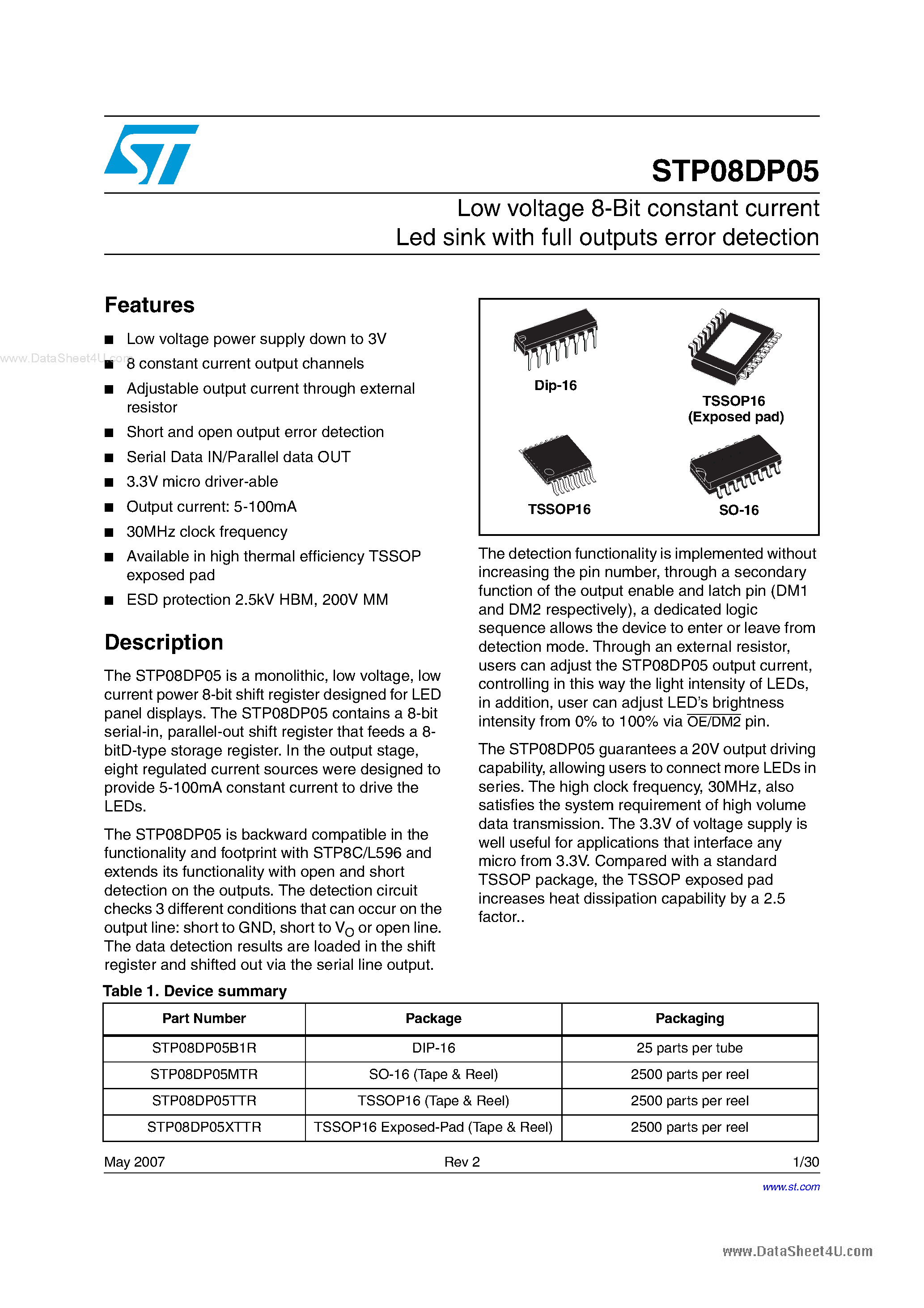 Datasheet STP08DP05 - Low voltage 8-Bit constant current Led sink page 1