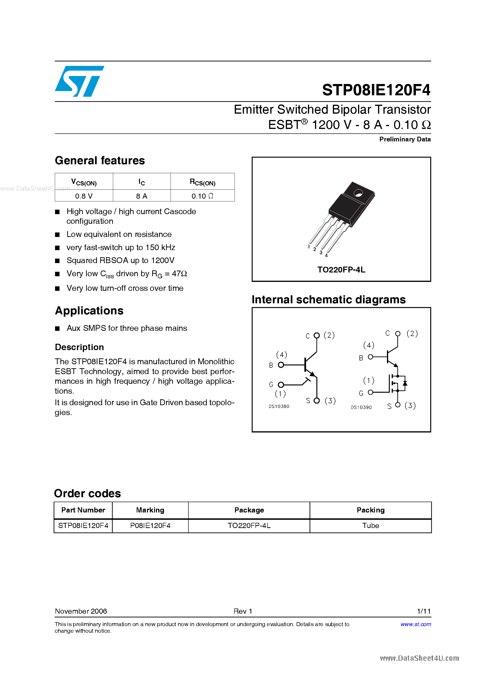 Datasheet STP08IE120F4 - Emitter Switched Bipolar Transistor page 1