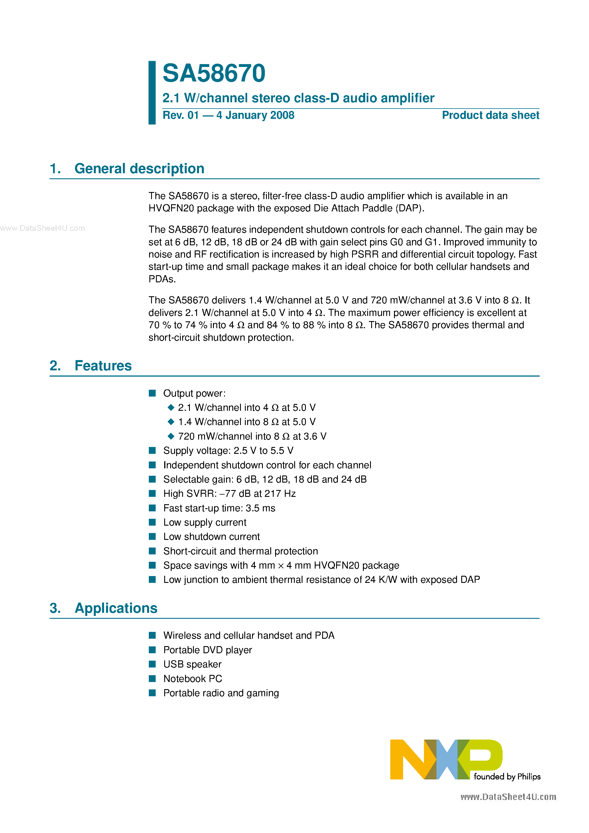 Даташит SA58670 - 2.1 W/channel stereo class-D audio amplifier страница 1