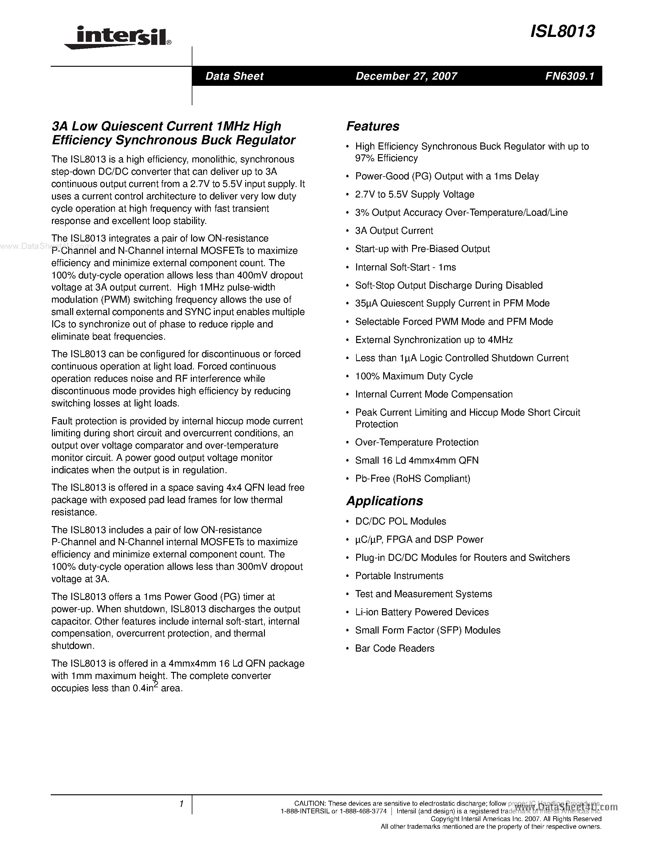 Datasheet ISL8013 - 3A Low Quiescent Current 1MHz High Efficiency Synchronous Buck Regulator page 1