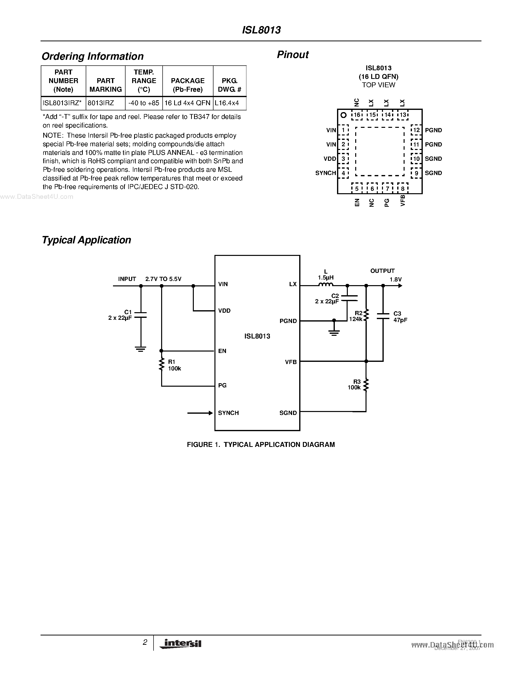 Datasheet ISL8013 - 3A Low Quiescent Current 1MHz High Efficiency Synchronous Buck Regulator page 2