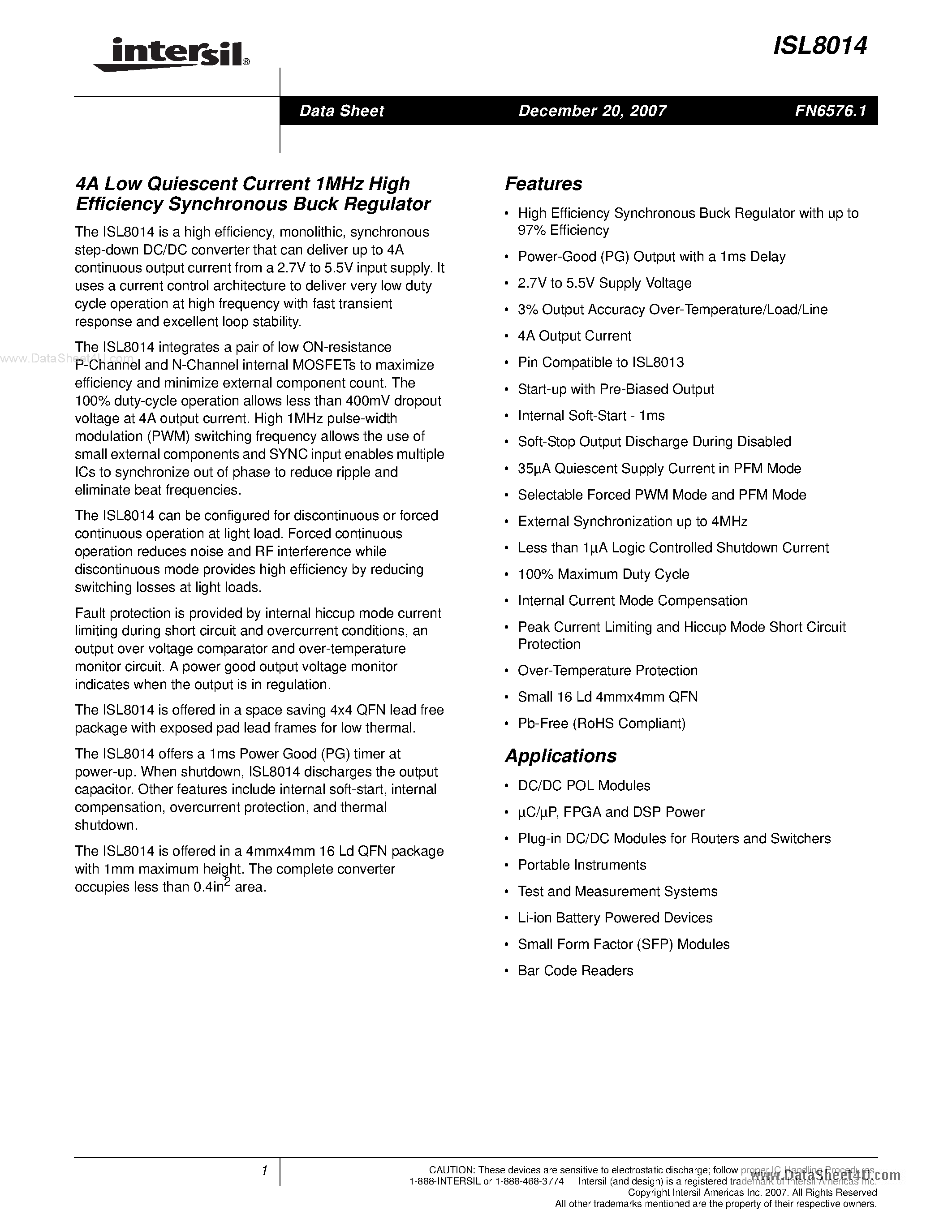 Datasheet ISL8014 - 4A Low Quiescent Current 1MHz High Efficiency Synchronous Buck Regulator page 1