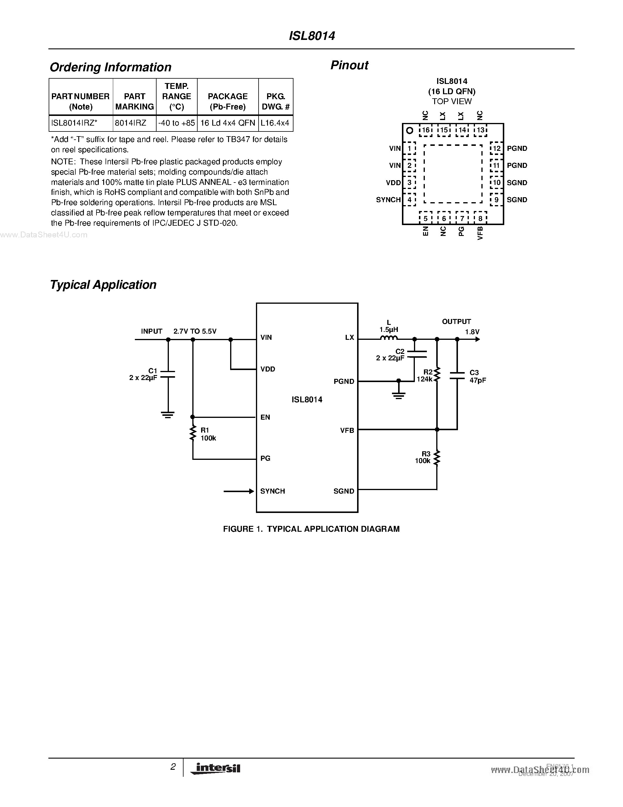 Datasheet ISL8014 - 4A Low Quiescent Current 1MHz High Efficiency Synchronous Buck Regulator page 2