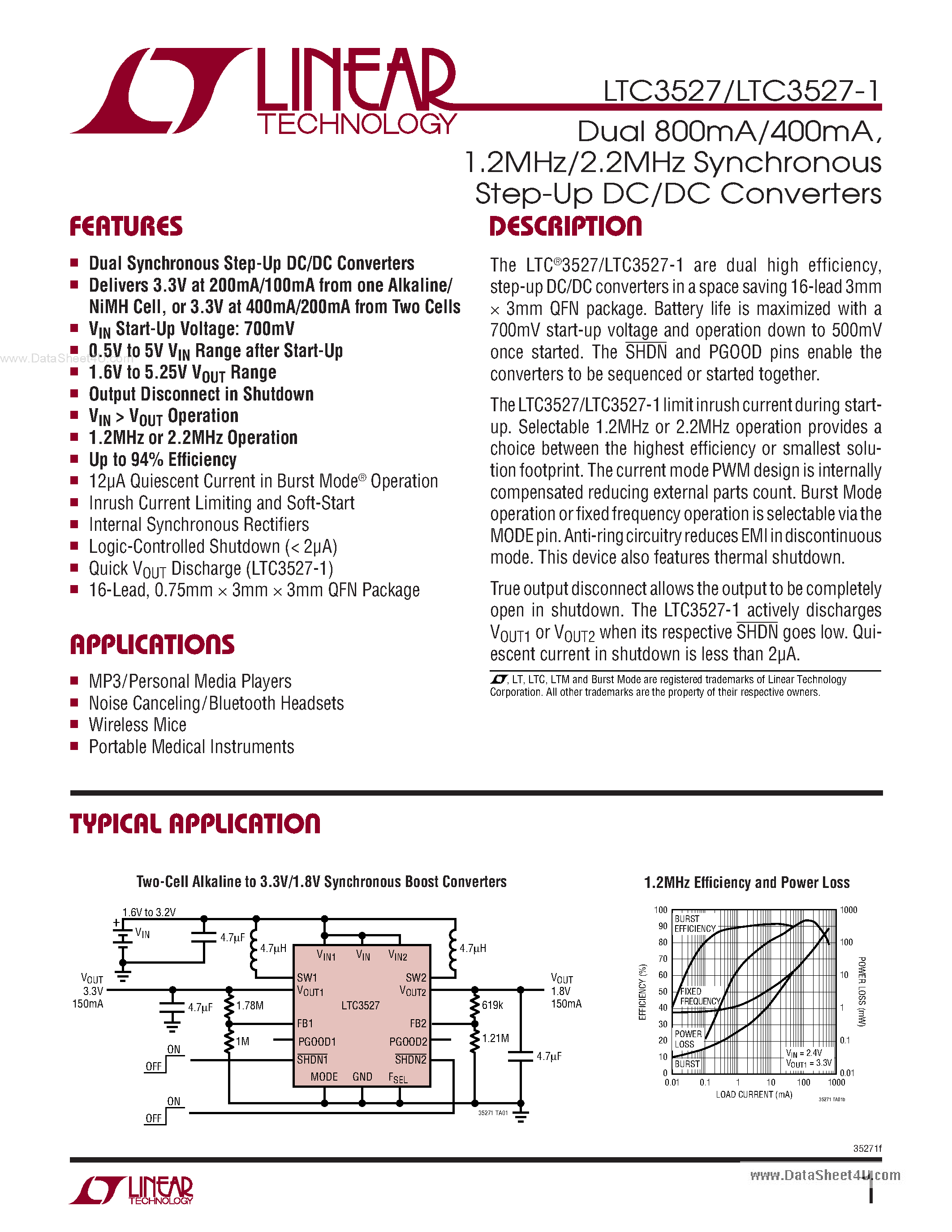 Даташит LTC3527 - 1.2MHz/2.2MHz Synchronous Step-Up DC/DC Converters страница 1