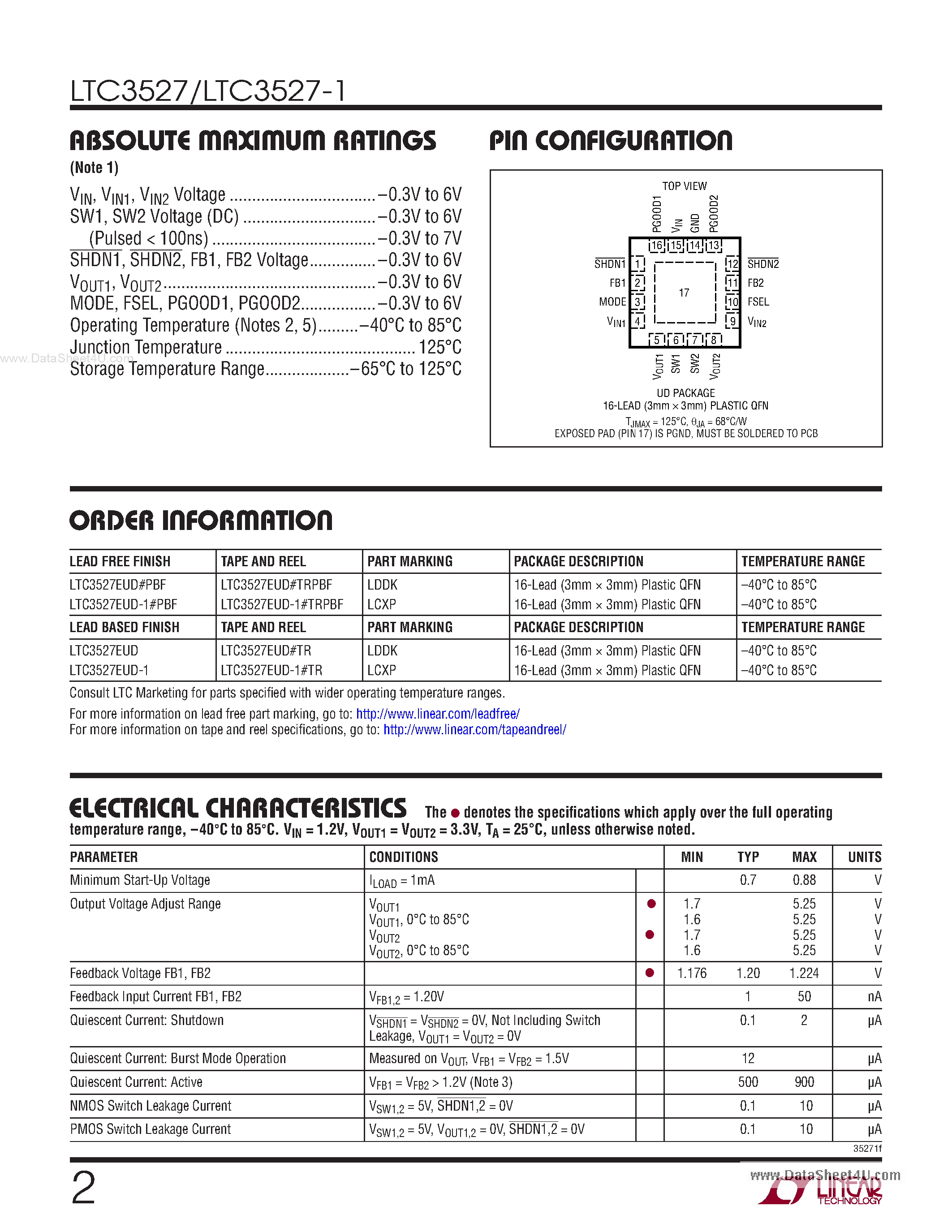 Даташит LTC3527 - 1.2MHz/2.2MHz Synchronous Step-Up DC/DC Converters страница 2