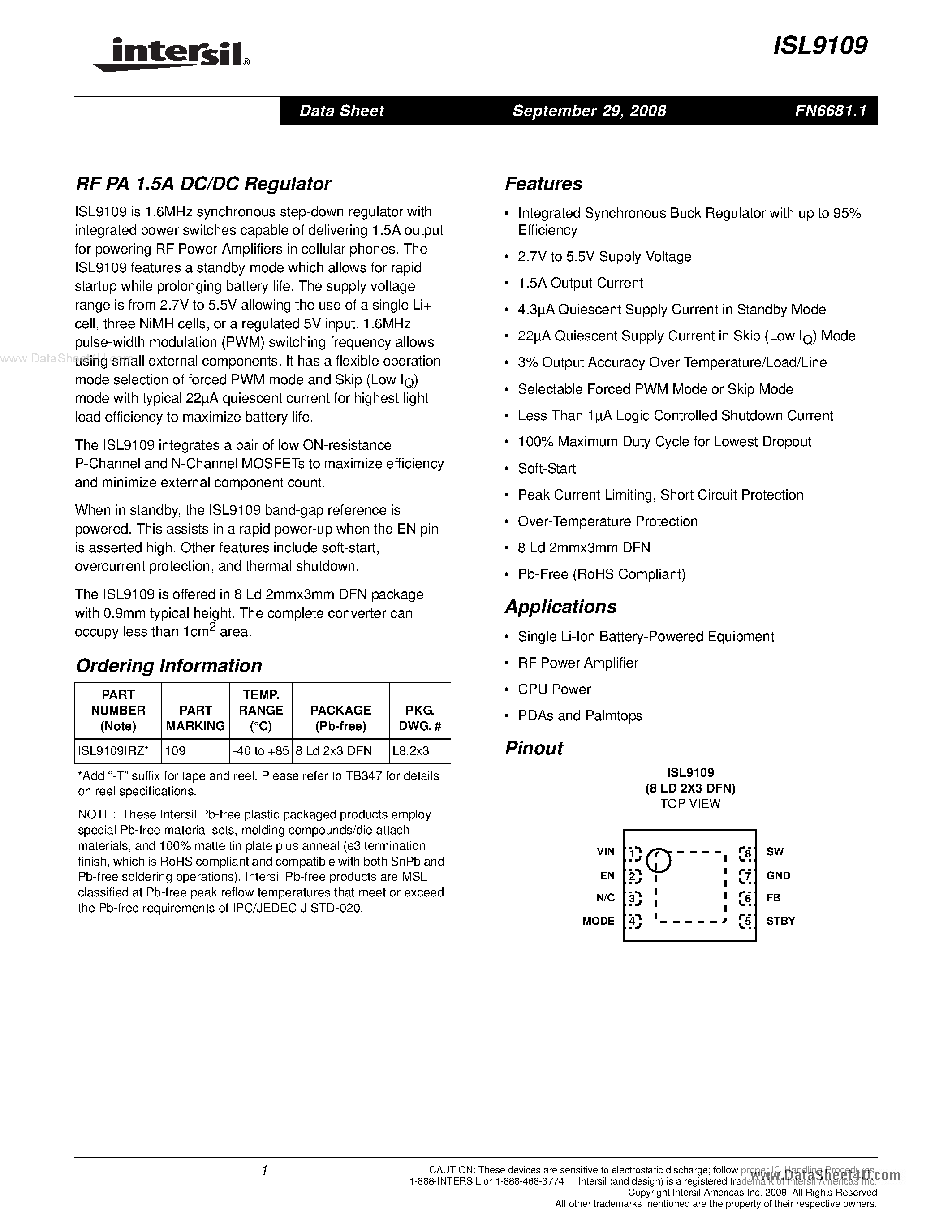 Datasheet ISL9109 - RF PA 1.5A DC/DC Regulator page 1