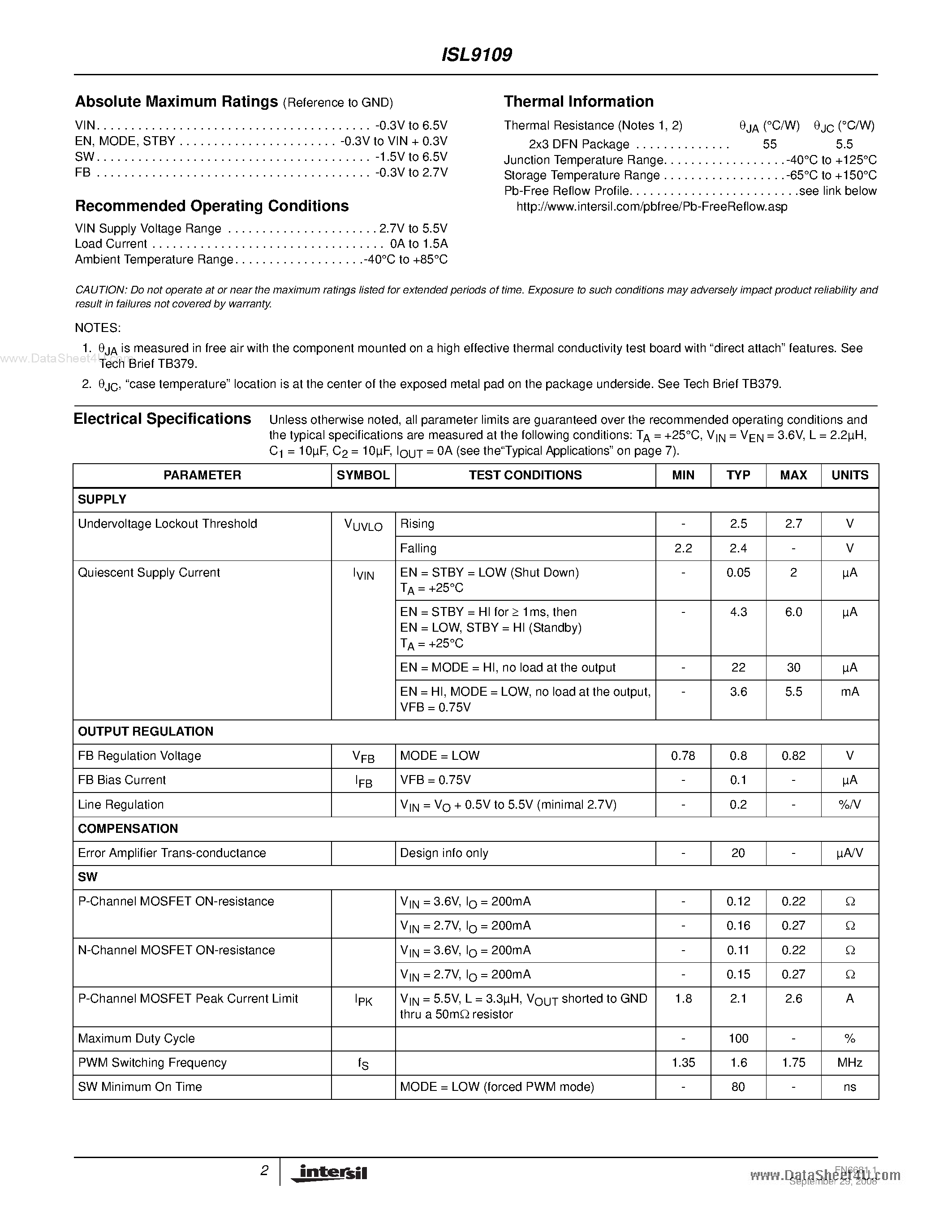 Datasheet ISL9109 - RF PA 1.5A DC/DC Regulator page 2