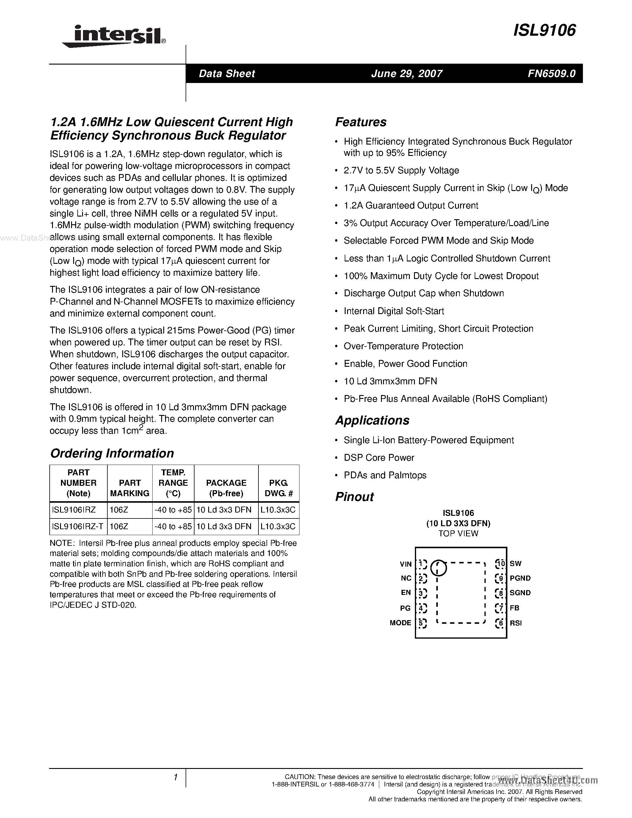 Datasheet ISL9106 - 1.2A 1.6MHz Low Quiescent Current High Efficiency Synchronous Buck Regulator page 1