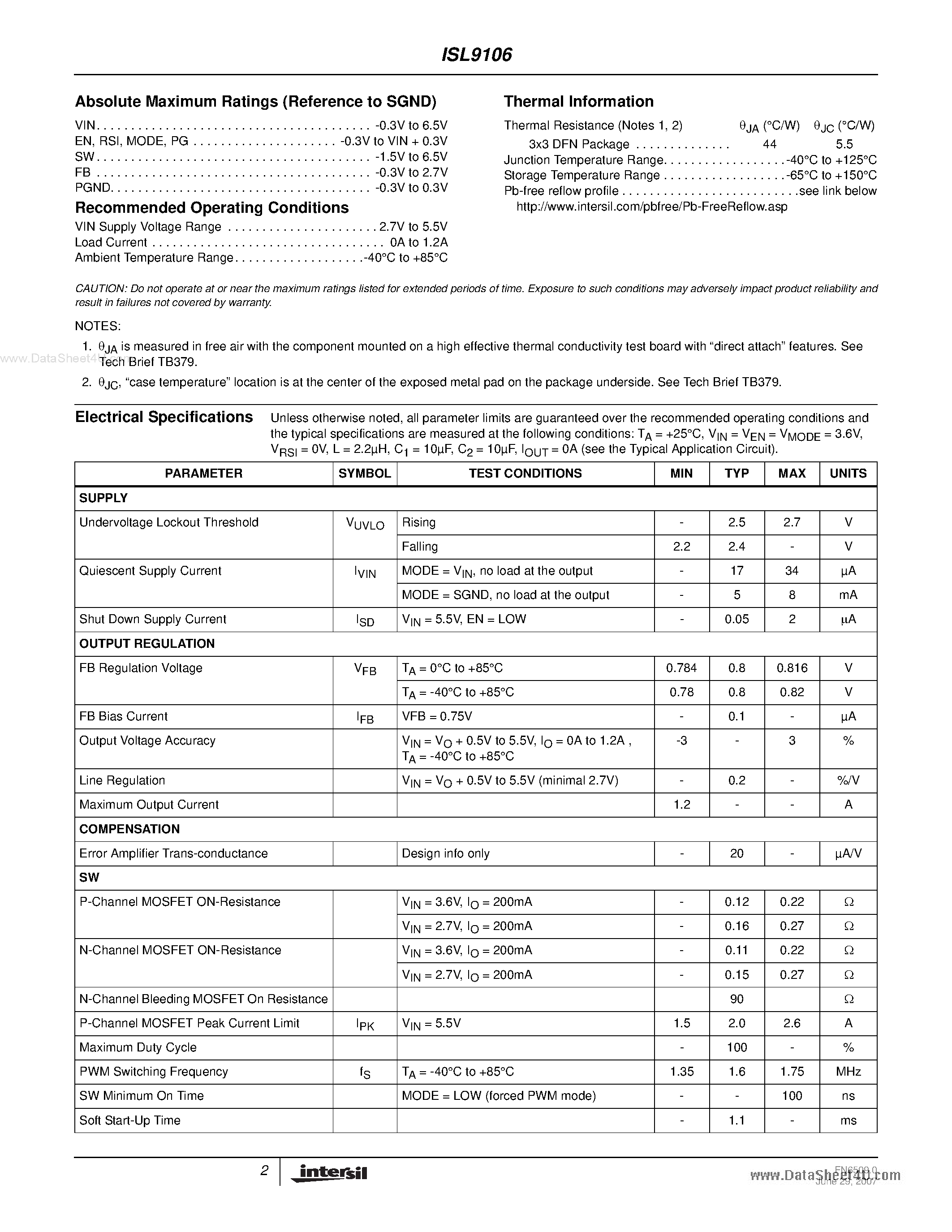 Datasheet ISL9106 - 1.2A 1.6MHz Low Quiescent Current High Efficiency Synchronous Buck Regulator page 2