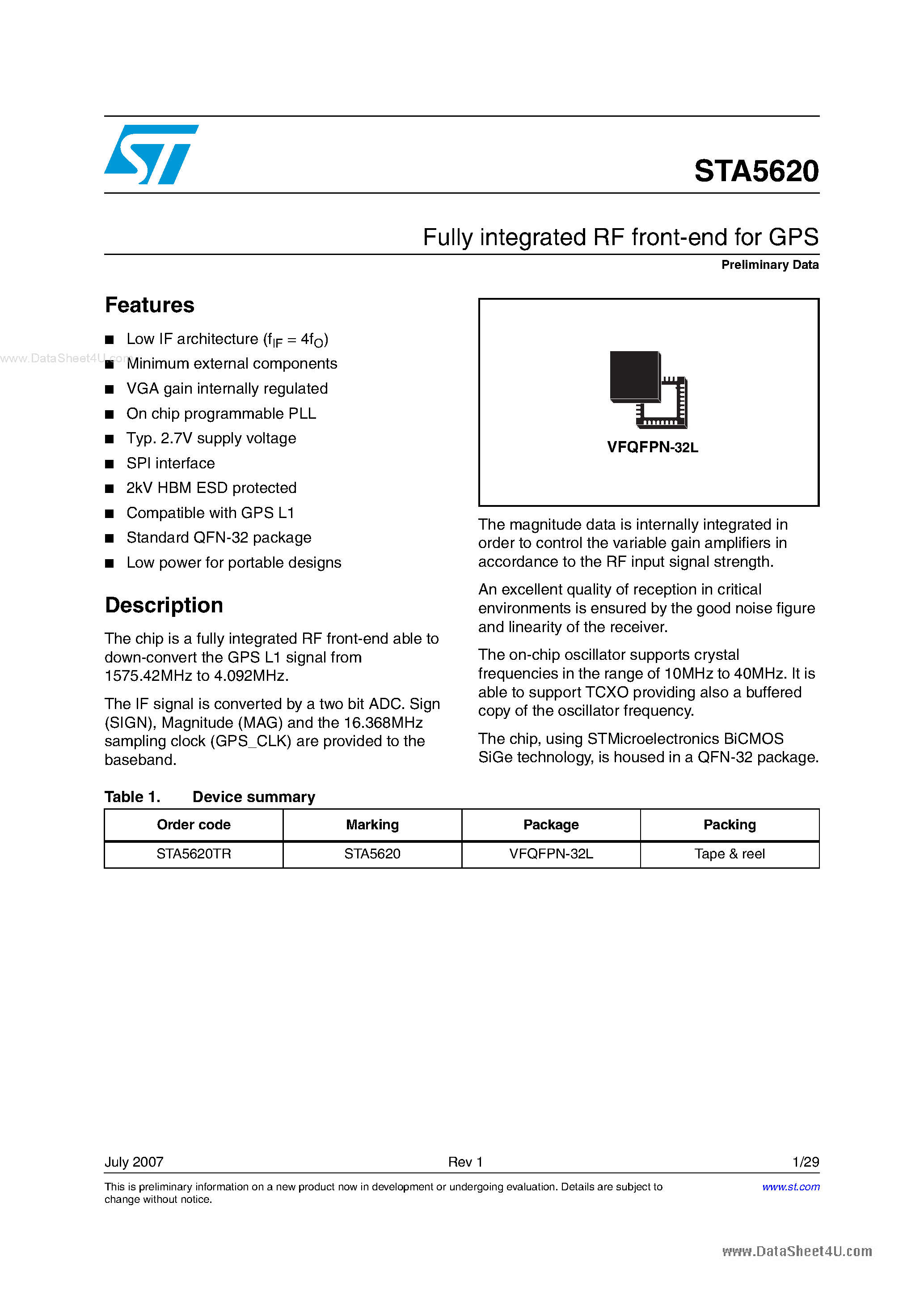 Даташит STA5620 - Fully integrated RF front-end страница 1