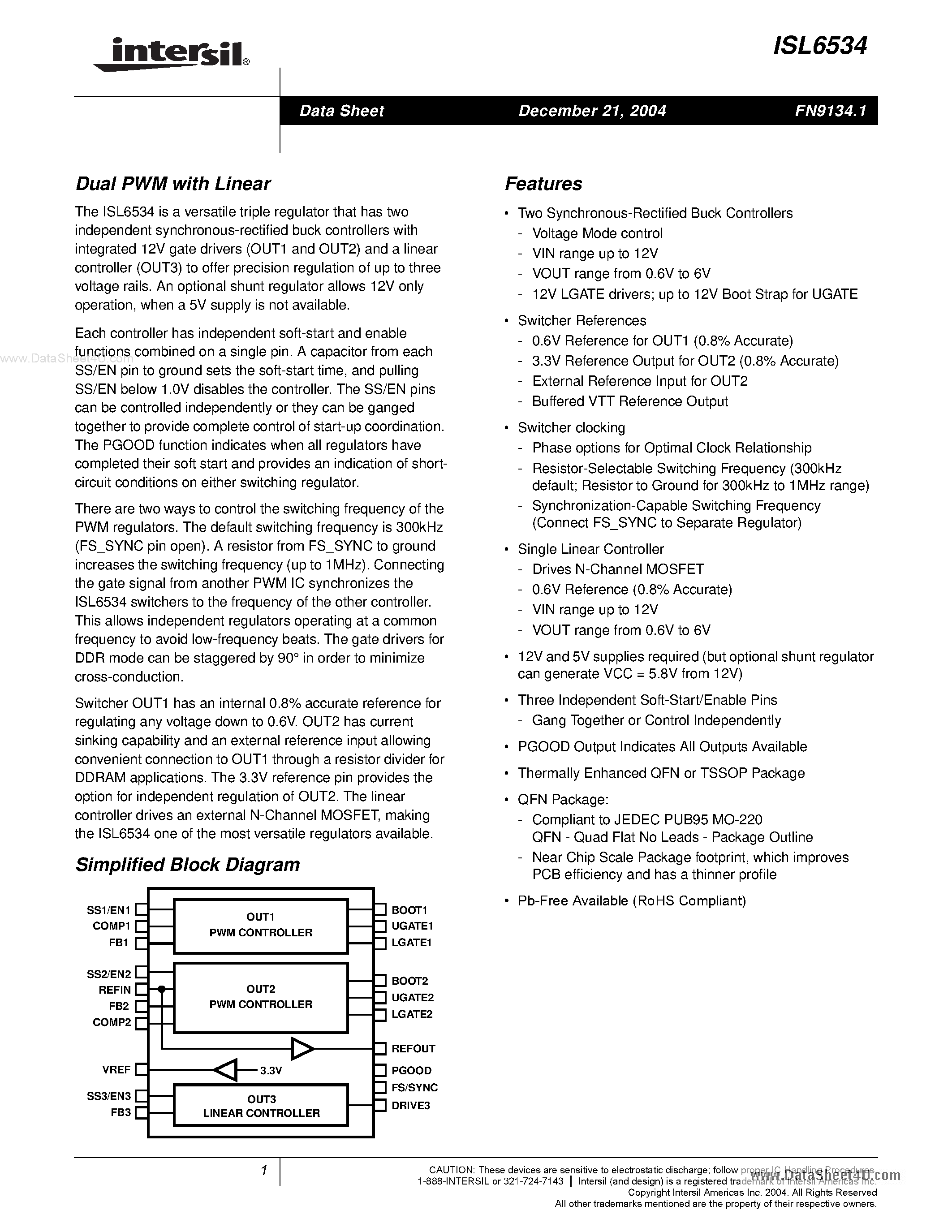 Datasheet ISL6534 - Dual PWM page 1