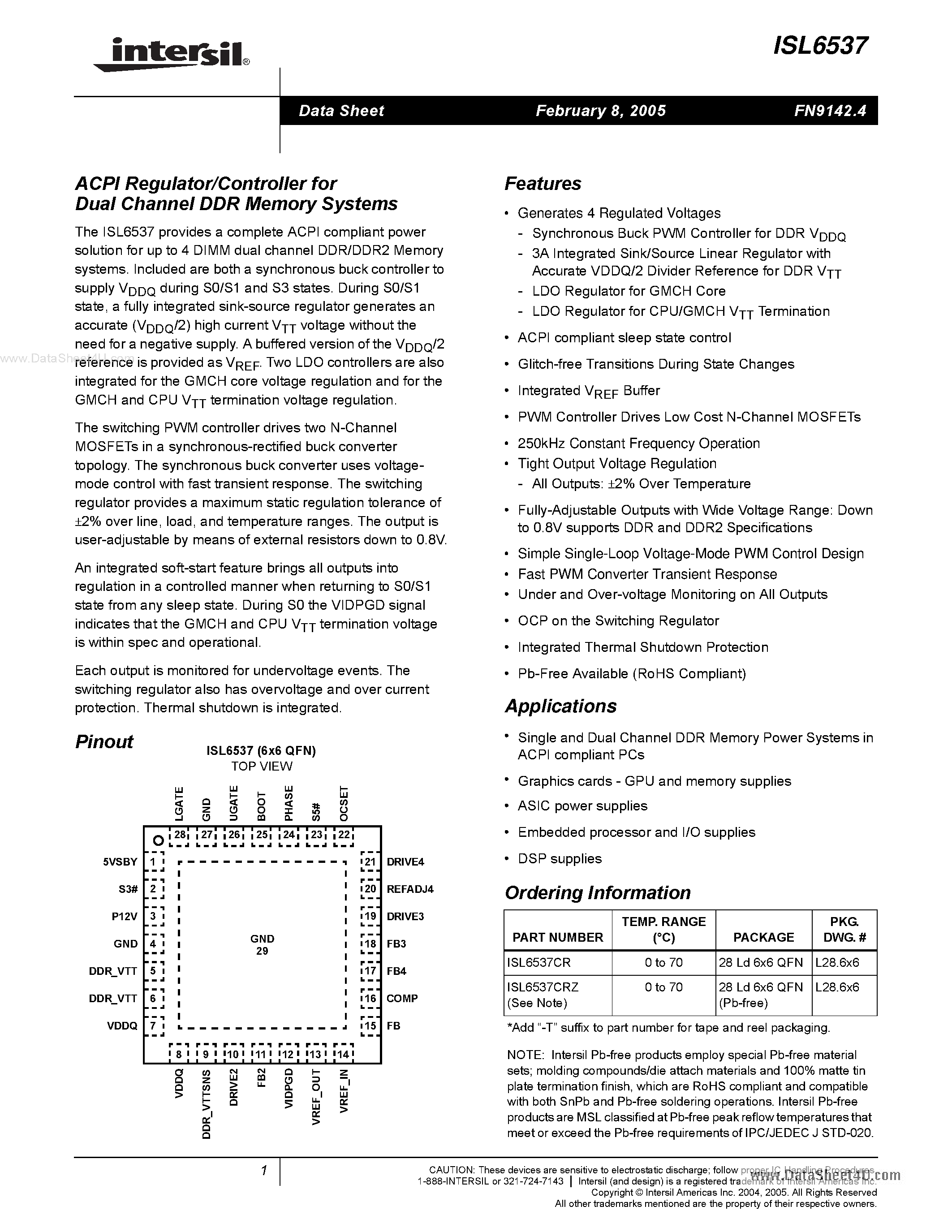 Datasheet ISL6537 - ACPI Regulator/Controller page 1