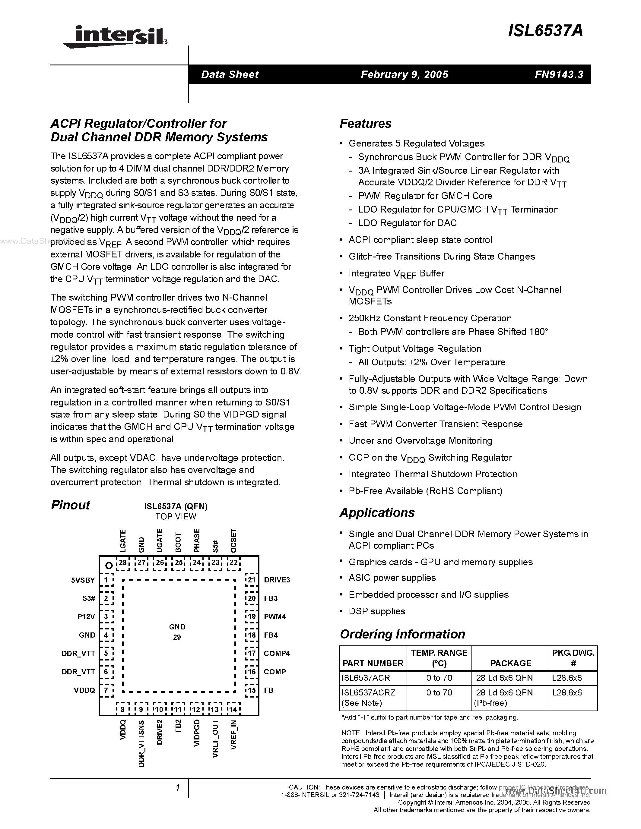 Datasheet ISL6537A - ACPI Regulator/Controller page 1