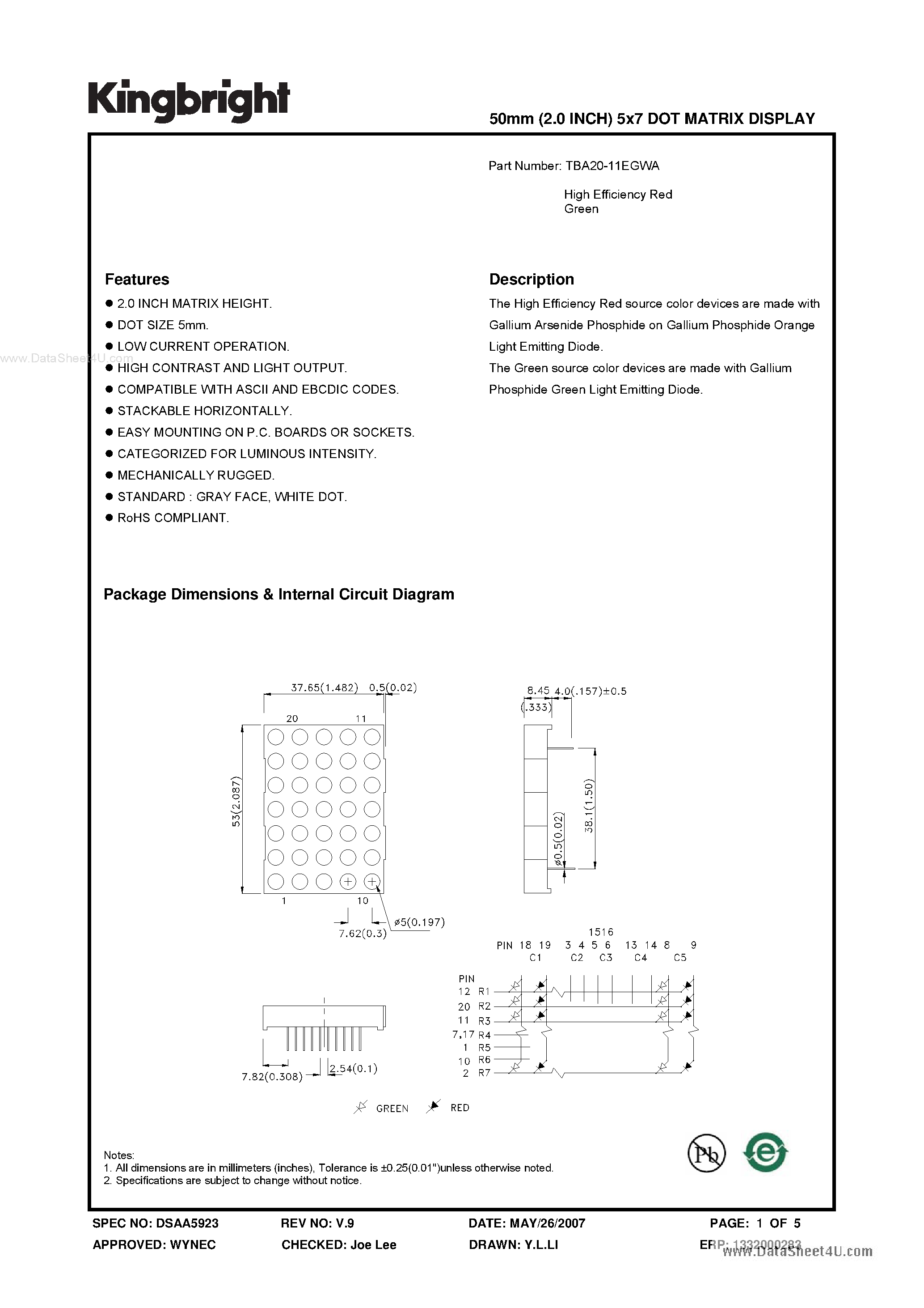 Даташит TBA20-11EGWA - 50mm (2.0 INCH) 5x7 DOT MATRIX DISPLAY страница 1