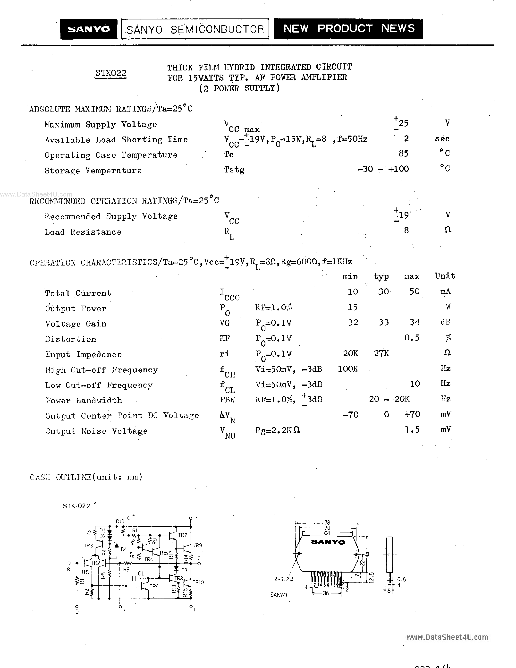 Datasheet STK-022 - Thick Film Hybrid Integrated Circuit page 1