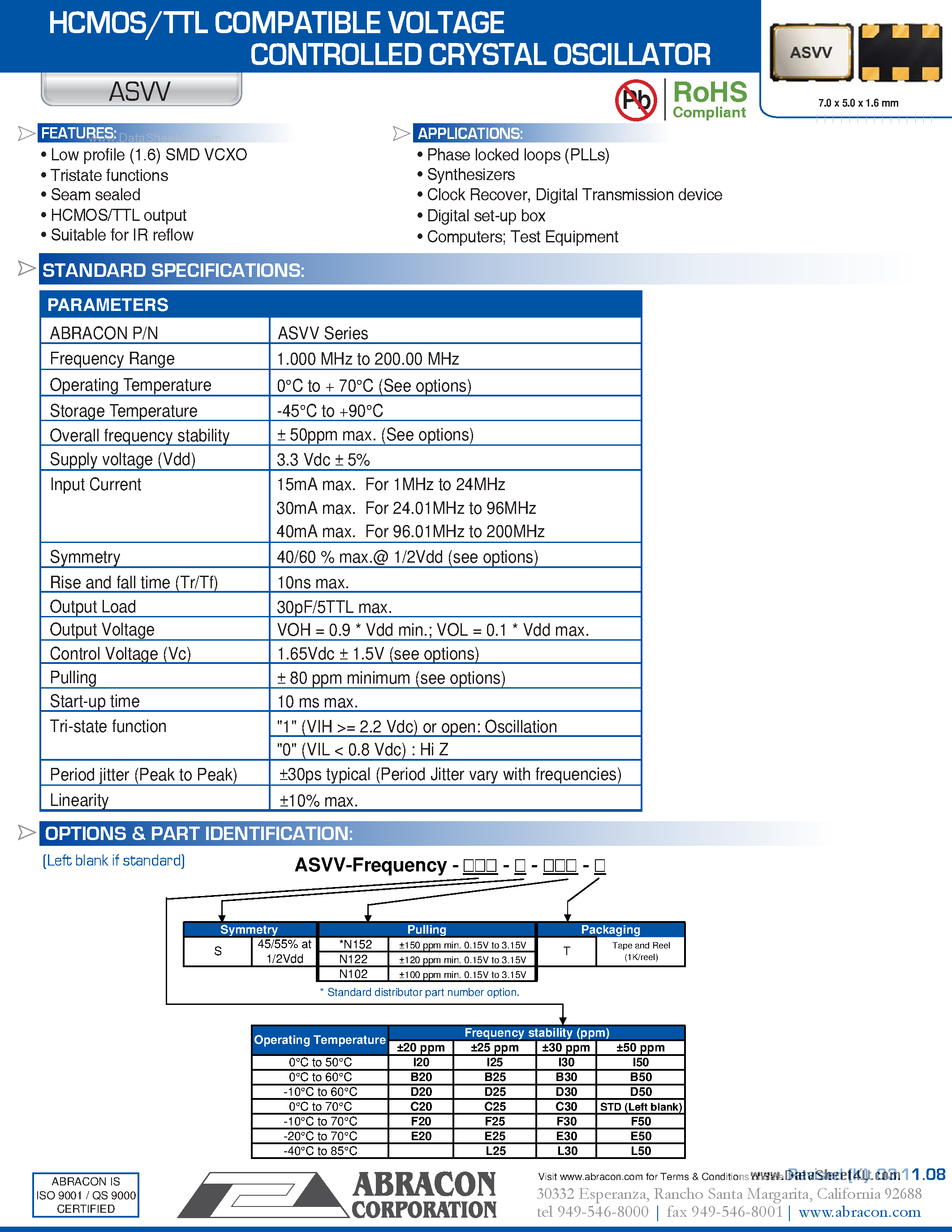 Даташит ASVV - HCMOS/TTL COMPATIBLE VOLTAGE CONTROLLED CRYSTAL OSCILLATOR страница 1