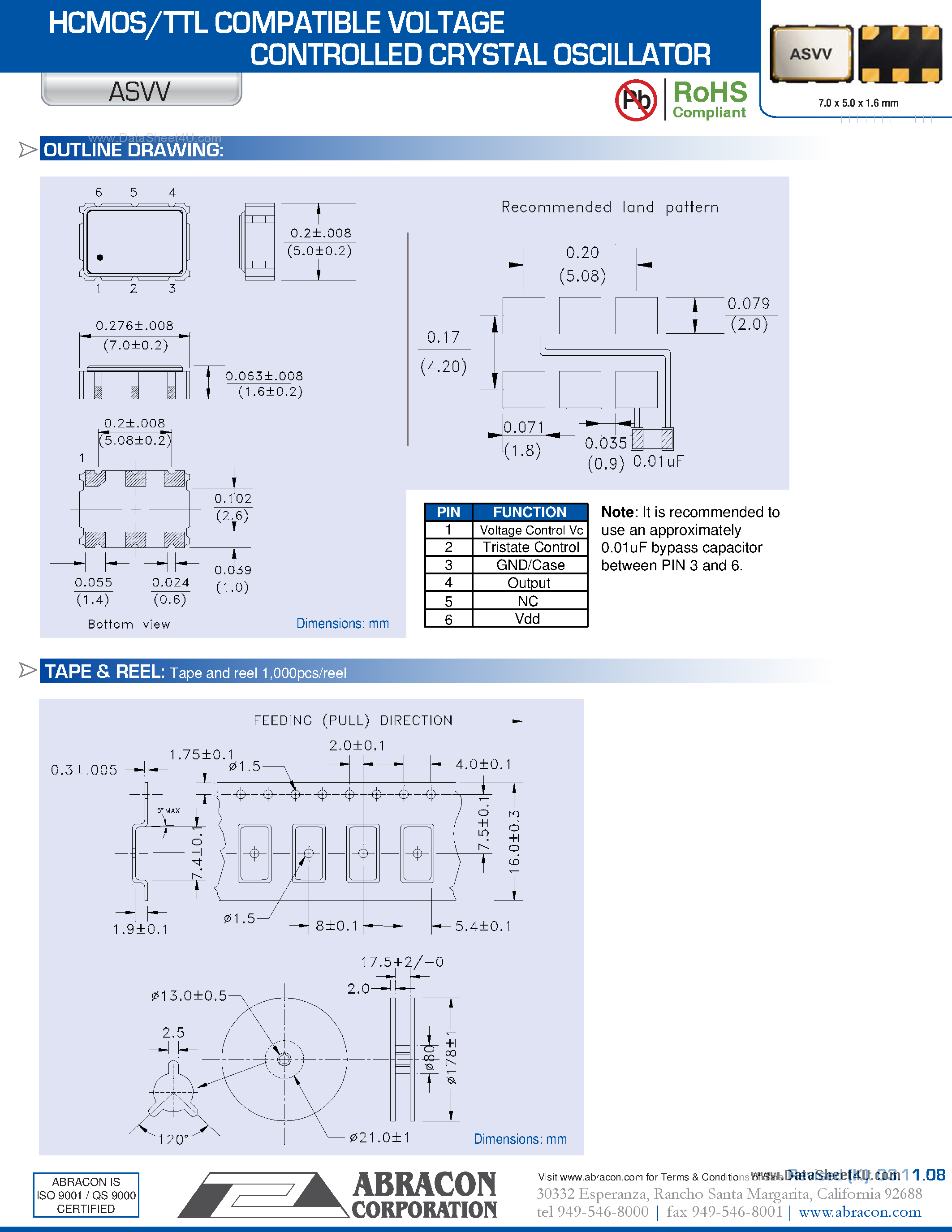 Даташит ASVV - HCMOS/TTL COMPATIBLE VOLTAGE CONTROLLED CRYSTAL OSCILLATOR страница 2