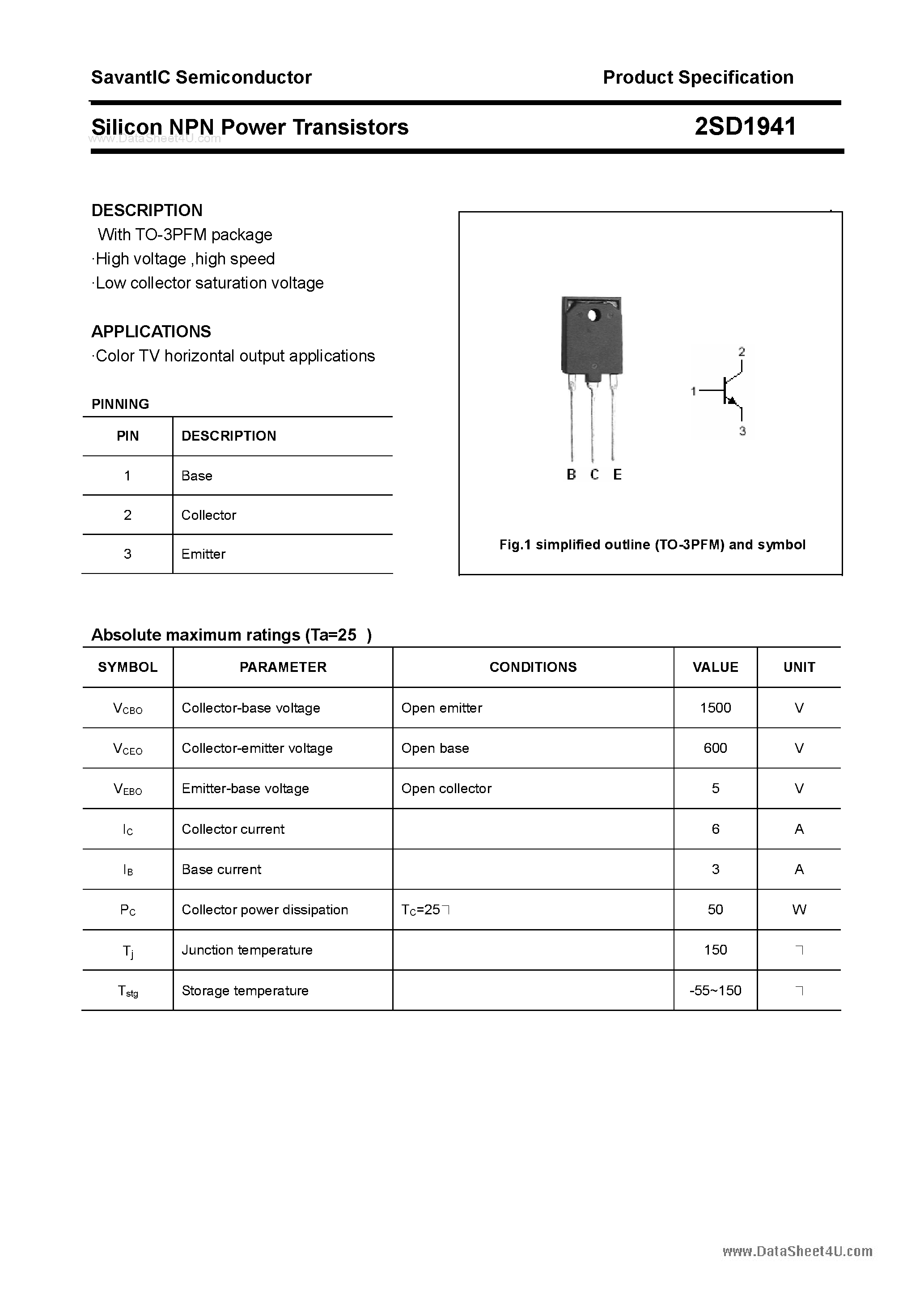 Даташит 2SD1941 - Silicon NPN Power Transistors страница 1