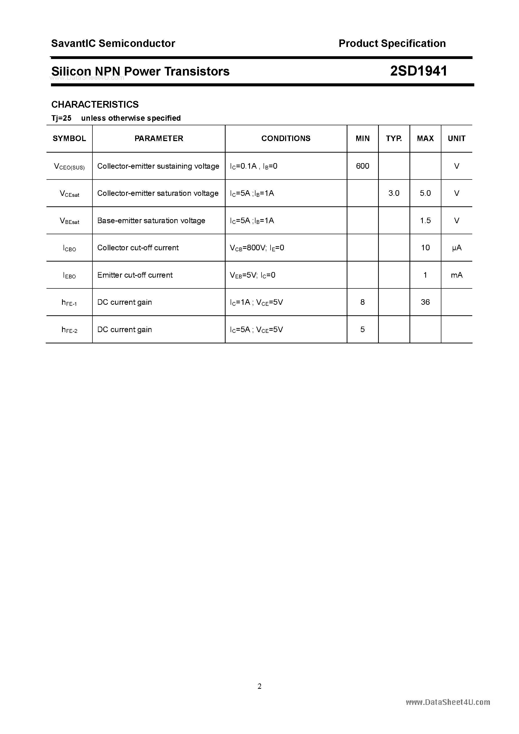 Даташит 2SD1941 - Silicon NPN Power Transistors страница 2