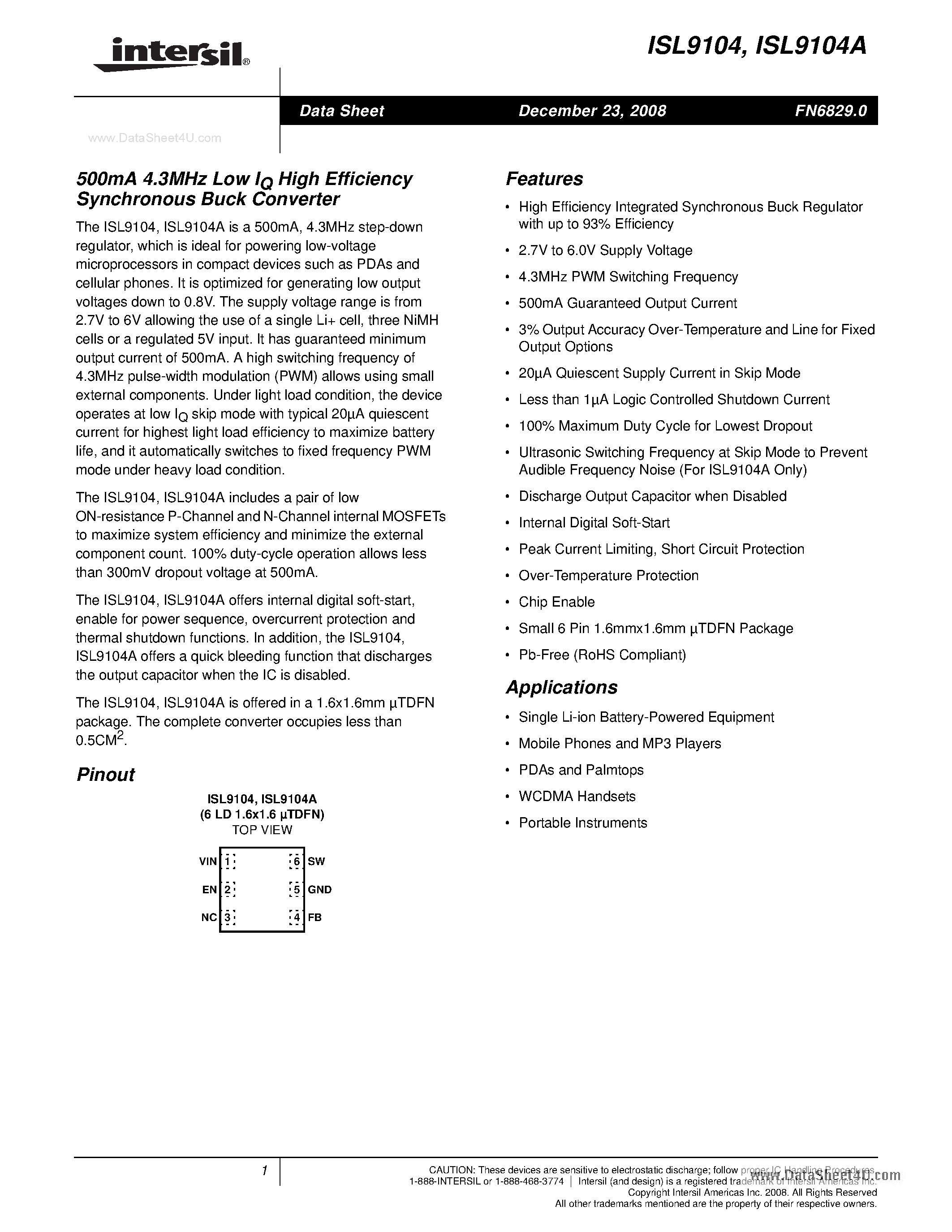 Datasheet ISL9104 - 500mA 4.3MHz Low IQ High Efficiency Synchronous Buck Converter page 1