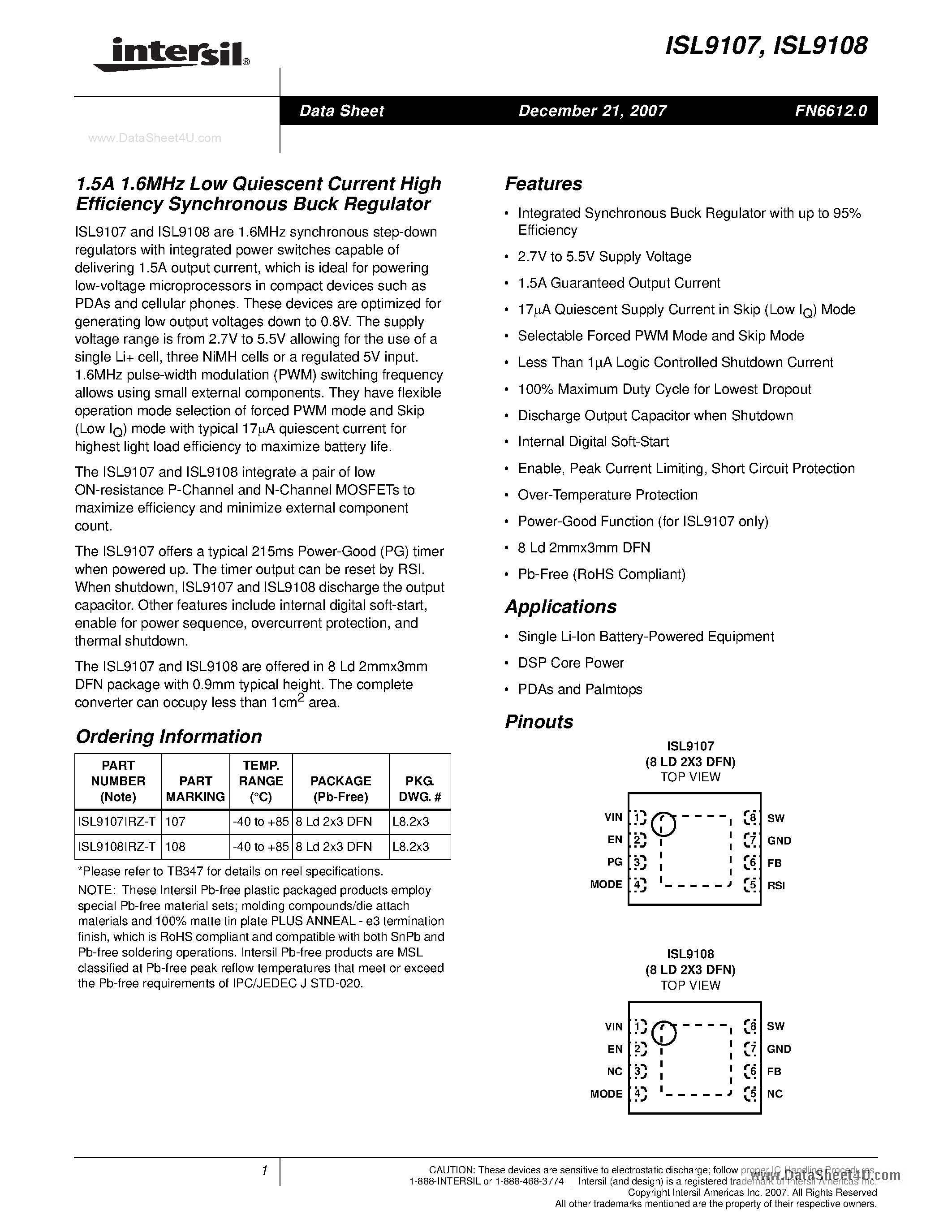 Datasheet ISL9108 - 1.5A 1.6MHz Low Quiescent Current High Efficiency Synchronous Buck Regulator page 1