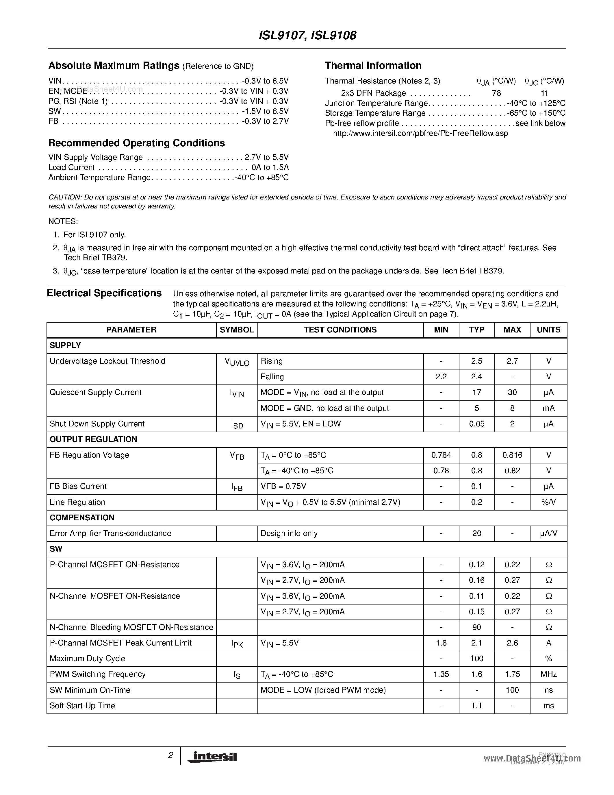 Datasheet ISL9108 - 1.5A 1.6MHz Low Quiescent Current High Efficiency Synchronous Buck Regulator page 2