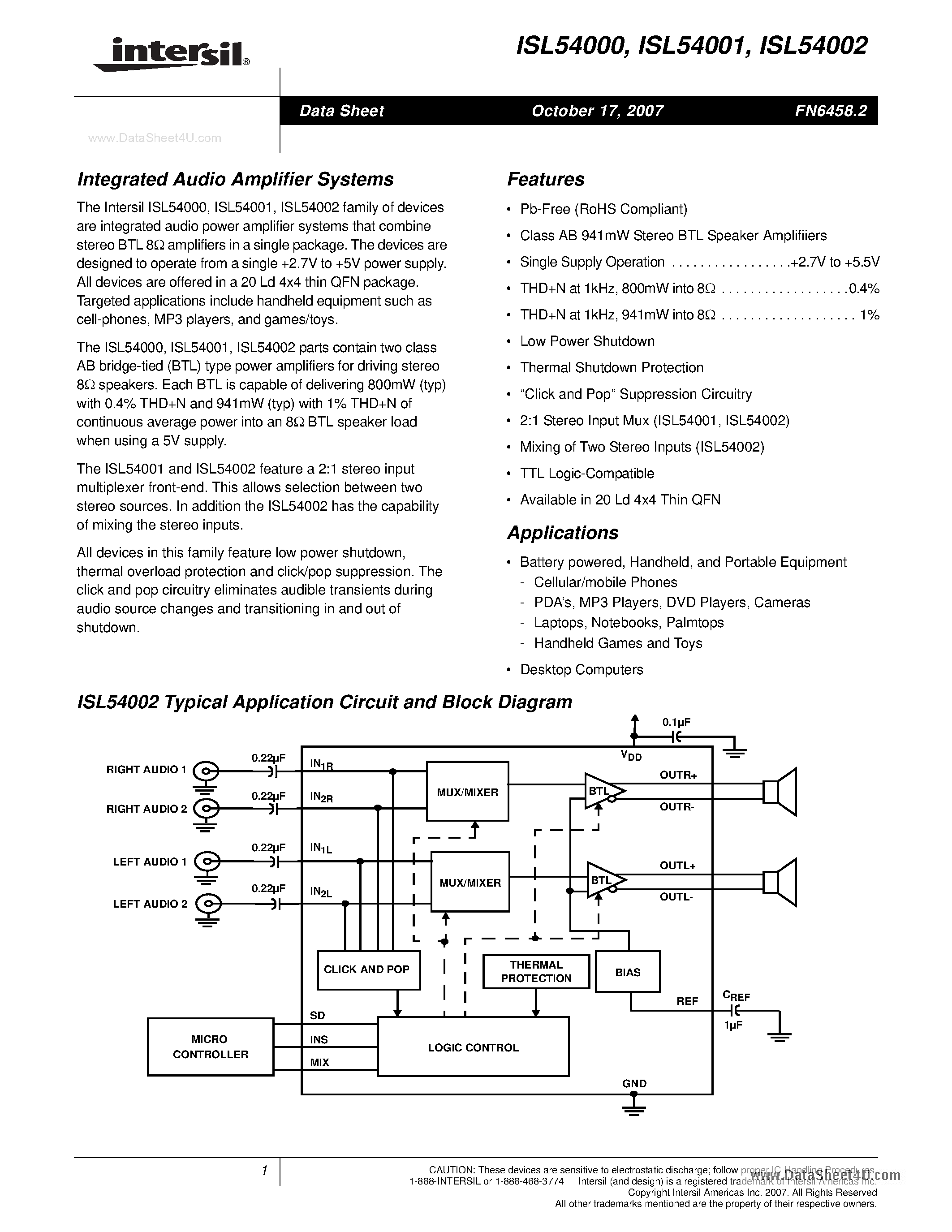 Даташит ISL54000 - (ISL54000 - ISL54002) Integrated Audio Amplifier Systems страница 1