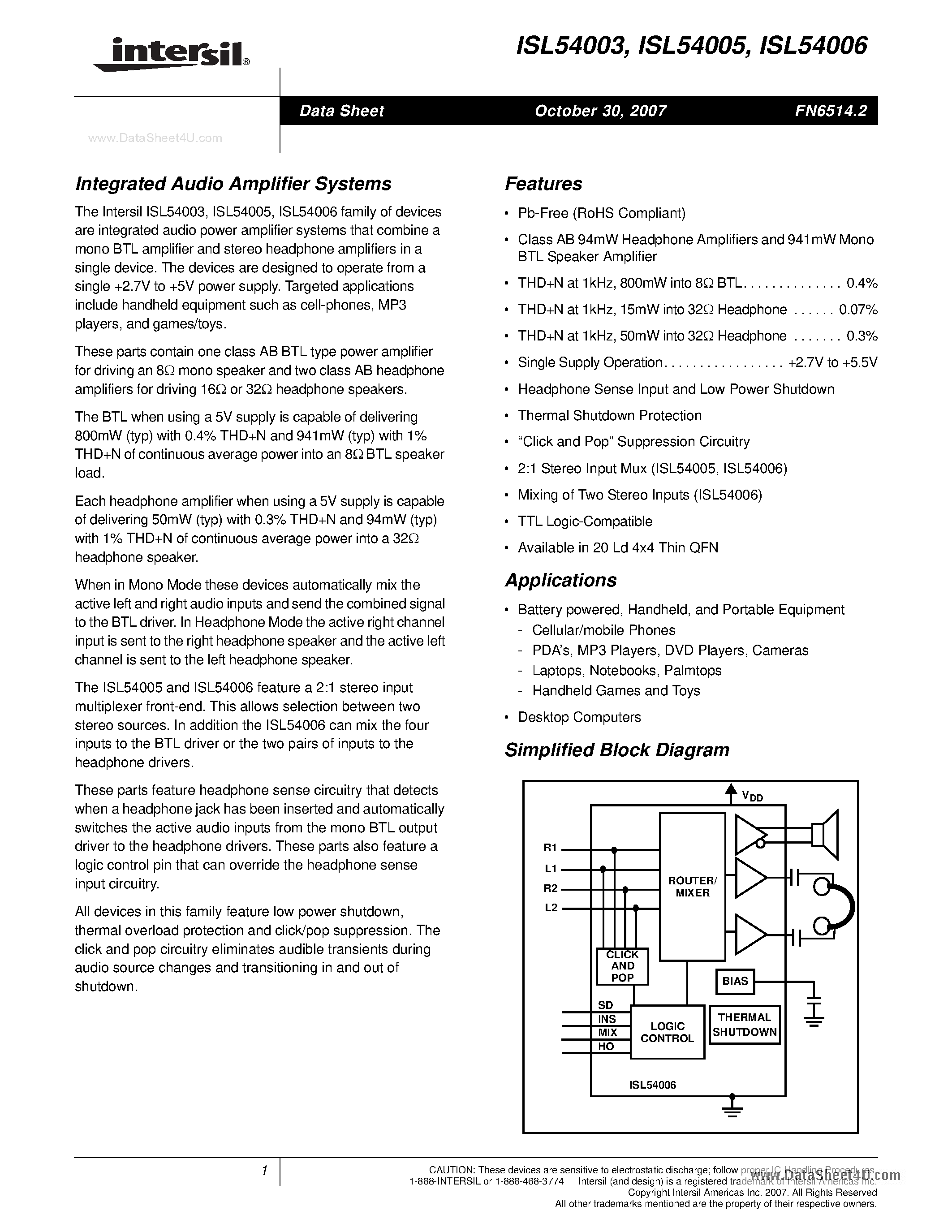 Даташит ISL54003 - (ISL54003 - ISL54006) Integrated Audio Amplifier Systems страница 1